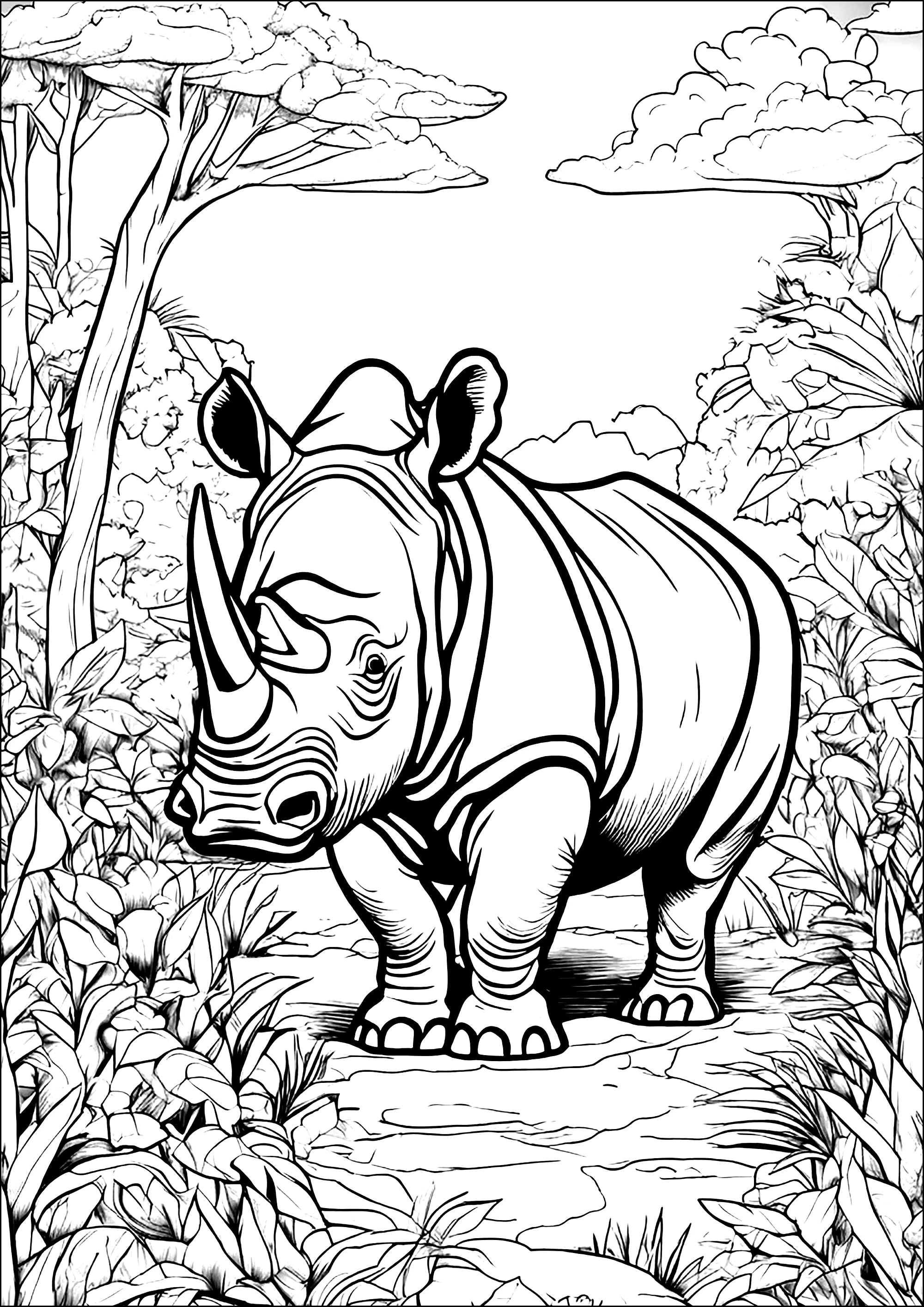 Alte Nashörner in der afrikanischen Savanne (Ausmalbild von Nashorn zum Ausdrucken und Ausmalen für Erwachsene)