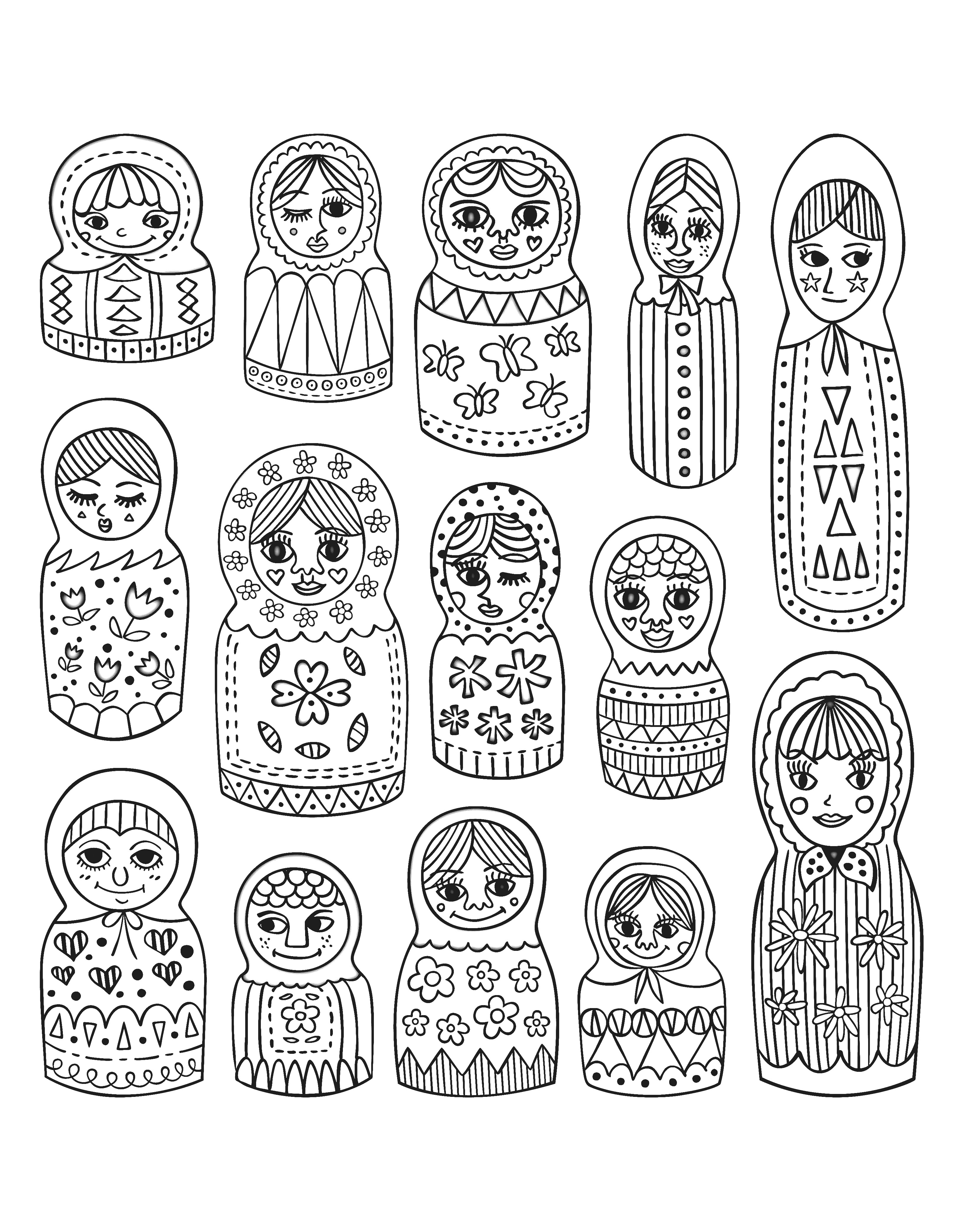 Süße Matrjoschka-Puppen, verschiedene Stile (Ausmalbild von Russische Puppen zum Ausdrucken und Ausmalen für Erwachsene)