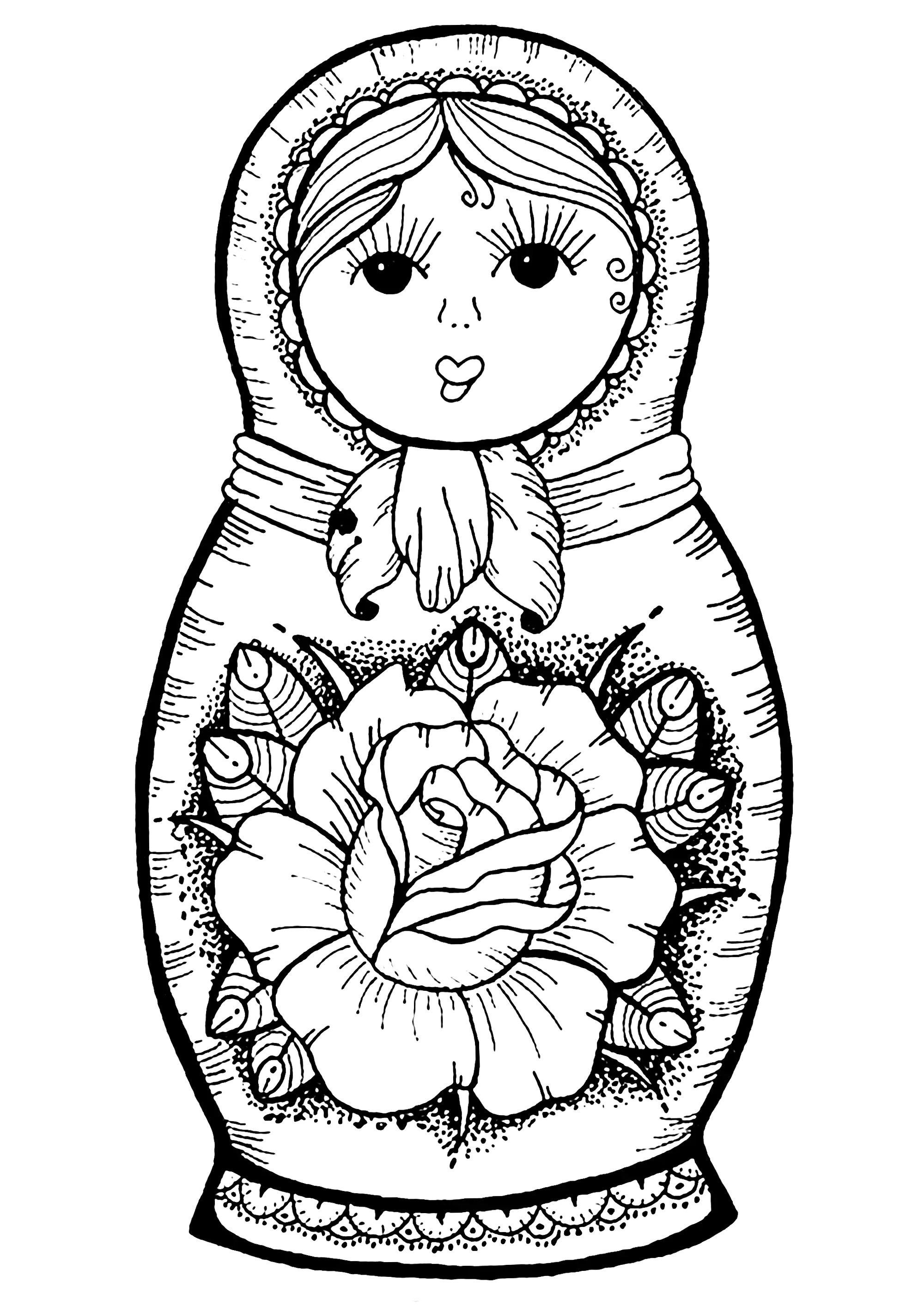 Russische Puppe mit großer Blume in der Mitte (Ausmalbild von Russische Puppen zum Ausdrucken und Ausmalen für Erwachsene)