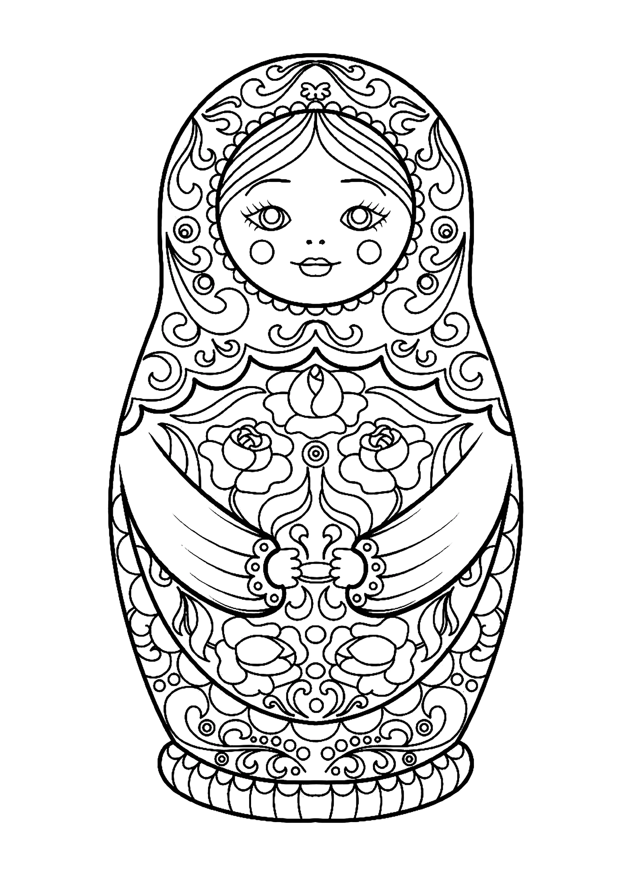 Hübsche russische Puppe mit Blumenmotiven (Ausmalbild von Russische Puppen zum Ausdrucken und Ausmalen für Erwachsene)