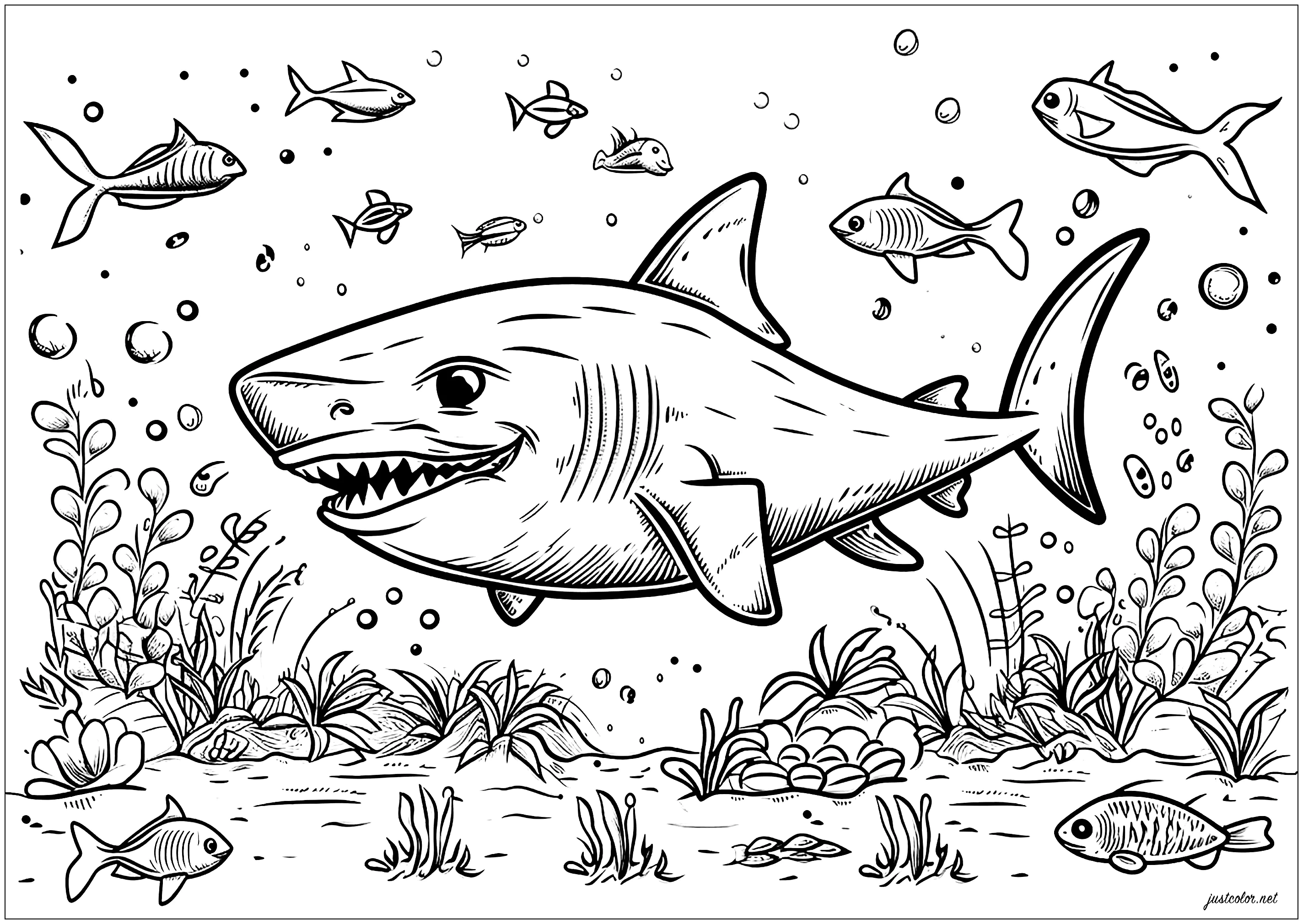 Großer Hai und kleine Fische um ihn herum (Ausmalbild von Haie zum Ausdrucken und Ausmalen für Erwachsene)