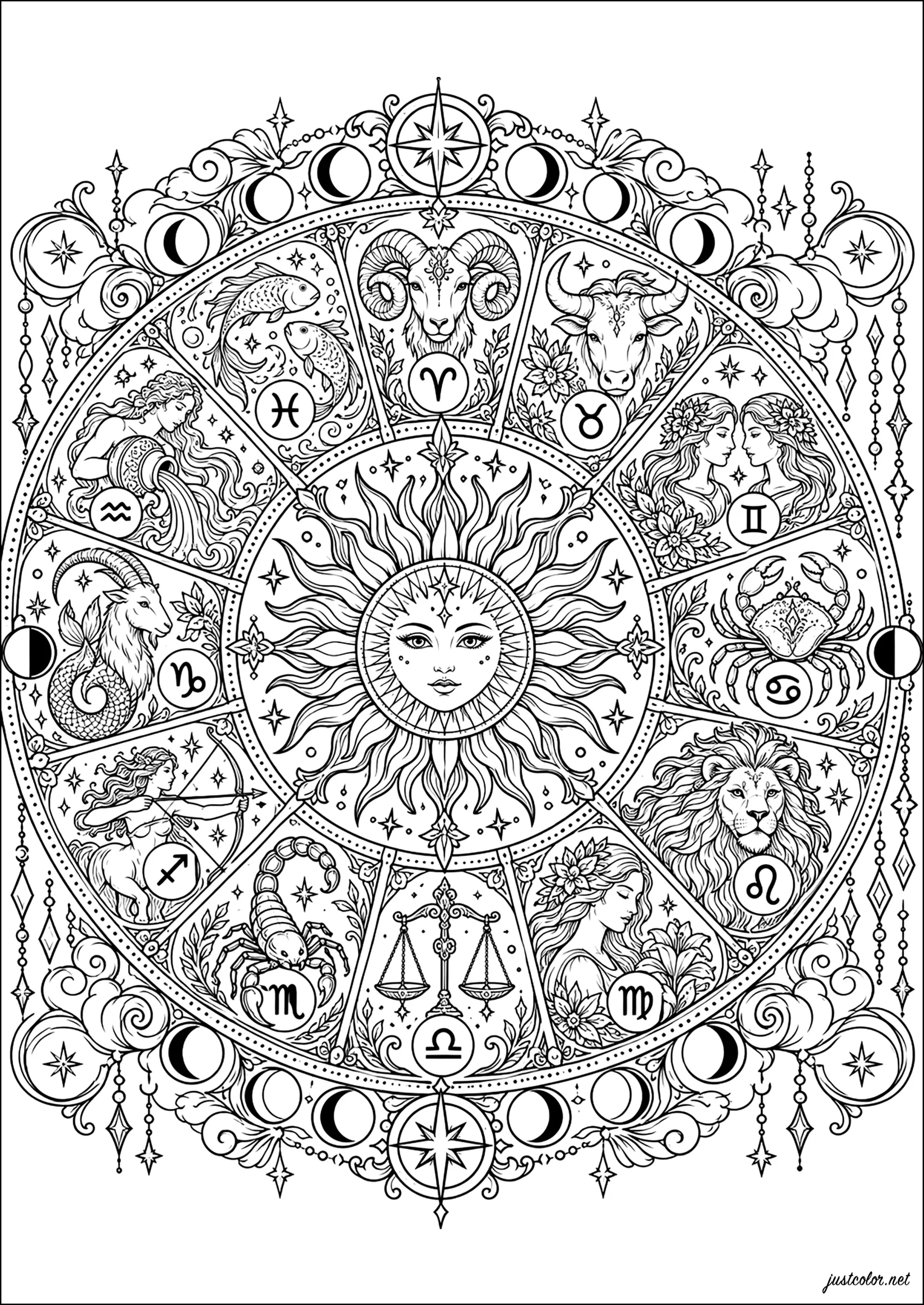 Die Sternzeichen in einem schönen Kreis zum Ausmalen (Signs of the zodiac and astrology)