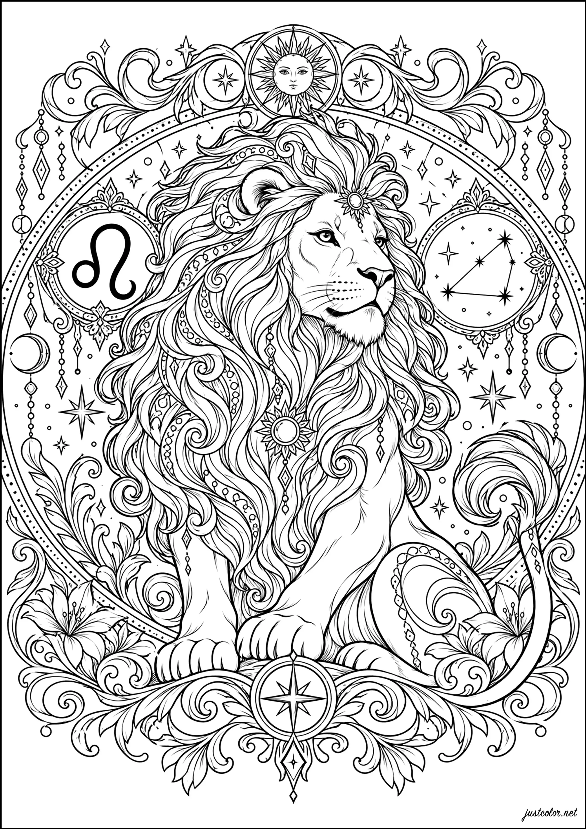 Löwe Sternzeichen (Ausmalbild von Signs of the zodiac and astrology zum Ausdrucken und Ausmalen für Erwachsene)