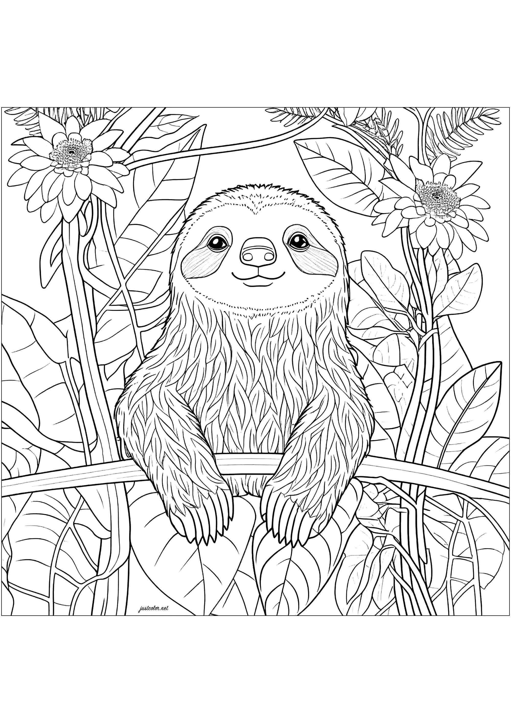 Faultier inmitten einer schönen Vegetation (Ausmalbild von Faultiere zum Ausdrucken und Ausmalen für Erwachsene)