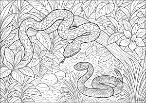 Python und Klapperschlange im Dschungel (Ausmalbild von Schlangen)