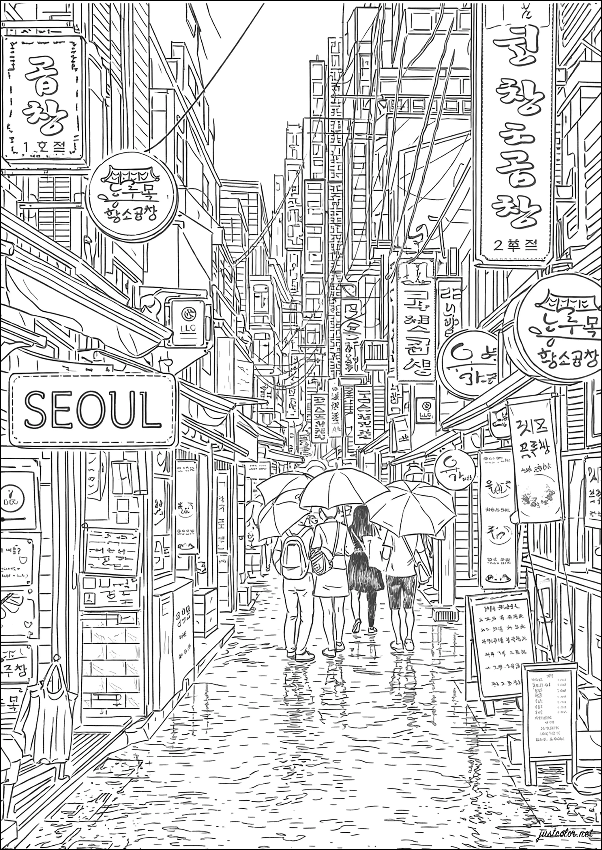 Ein Spaziergang durch eine Gasse in Seoul (Ausmalbild von Südkorea zum Ausdrucken und Ausmalen für Erwachsene)