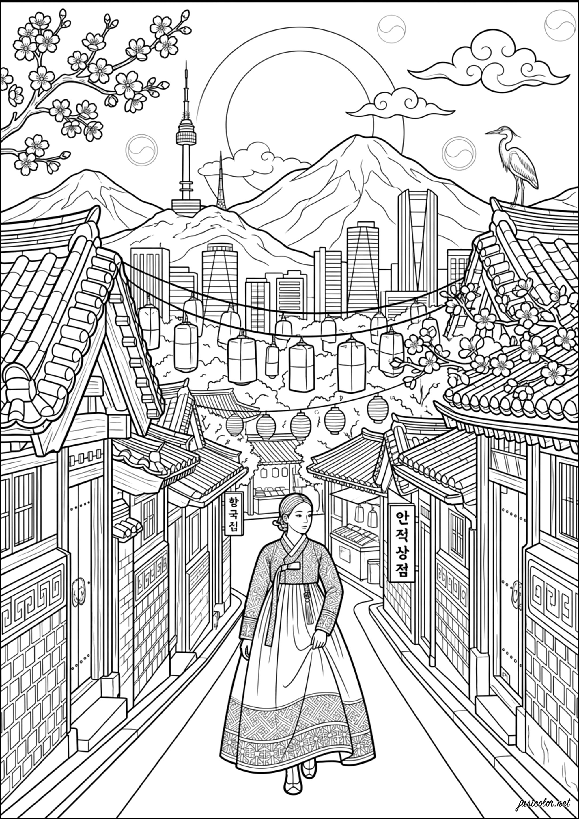 Ein Spaziergang durch Seoul unter Kirschblüten (Ausmalbild von Südkorea zum Ausdrucken und Ausmalen für Erwachsene)