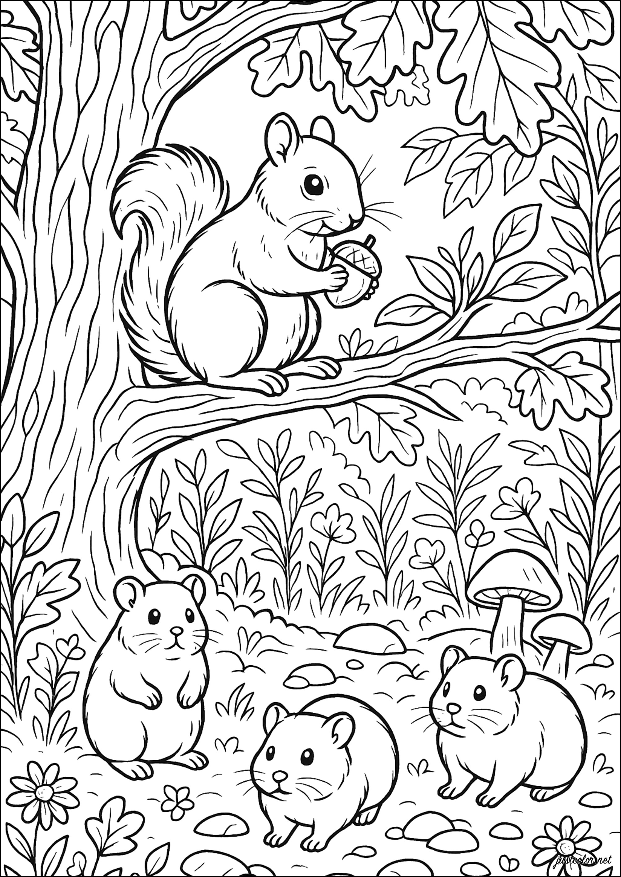 Animierter Wald (Ausmalbild von Eichhornchen Und Murmeltiere zum Ausdrucken und Ausmalen für Erwachsene)
