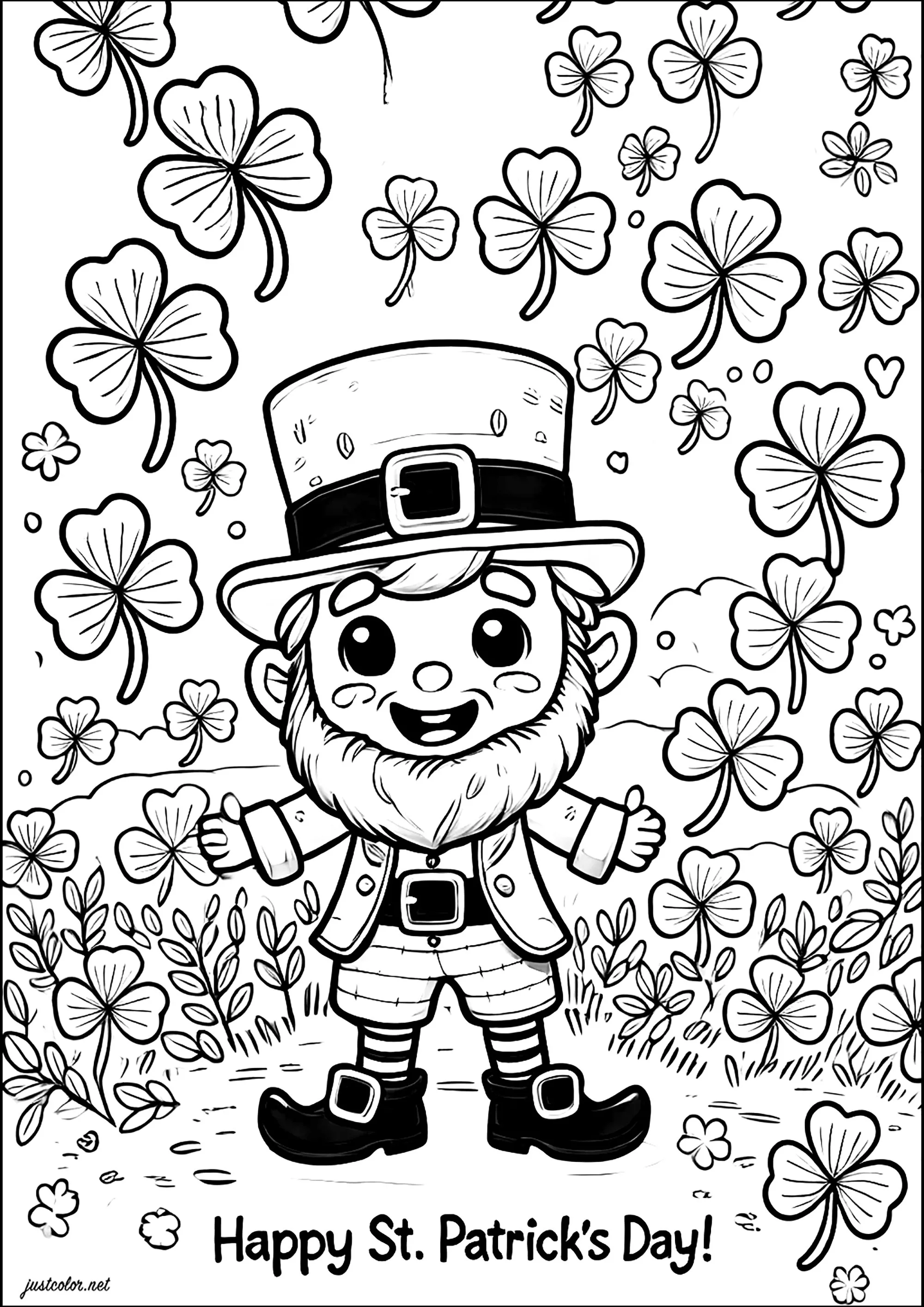 Kobolde und Glückskleeblätter (Ausmalbild von St Patrick Tag zum Ausdrucken und Ausmalen für Erwachsene)