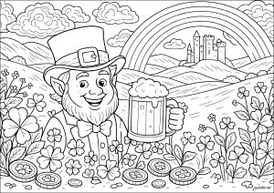 Fröhlicher Elf unter dem Regenbogen (Ausmalbild von St Patrick Tag)