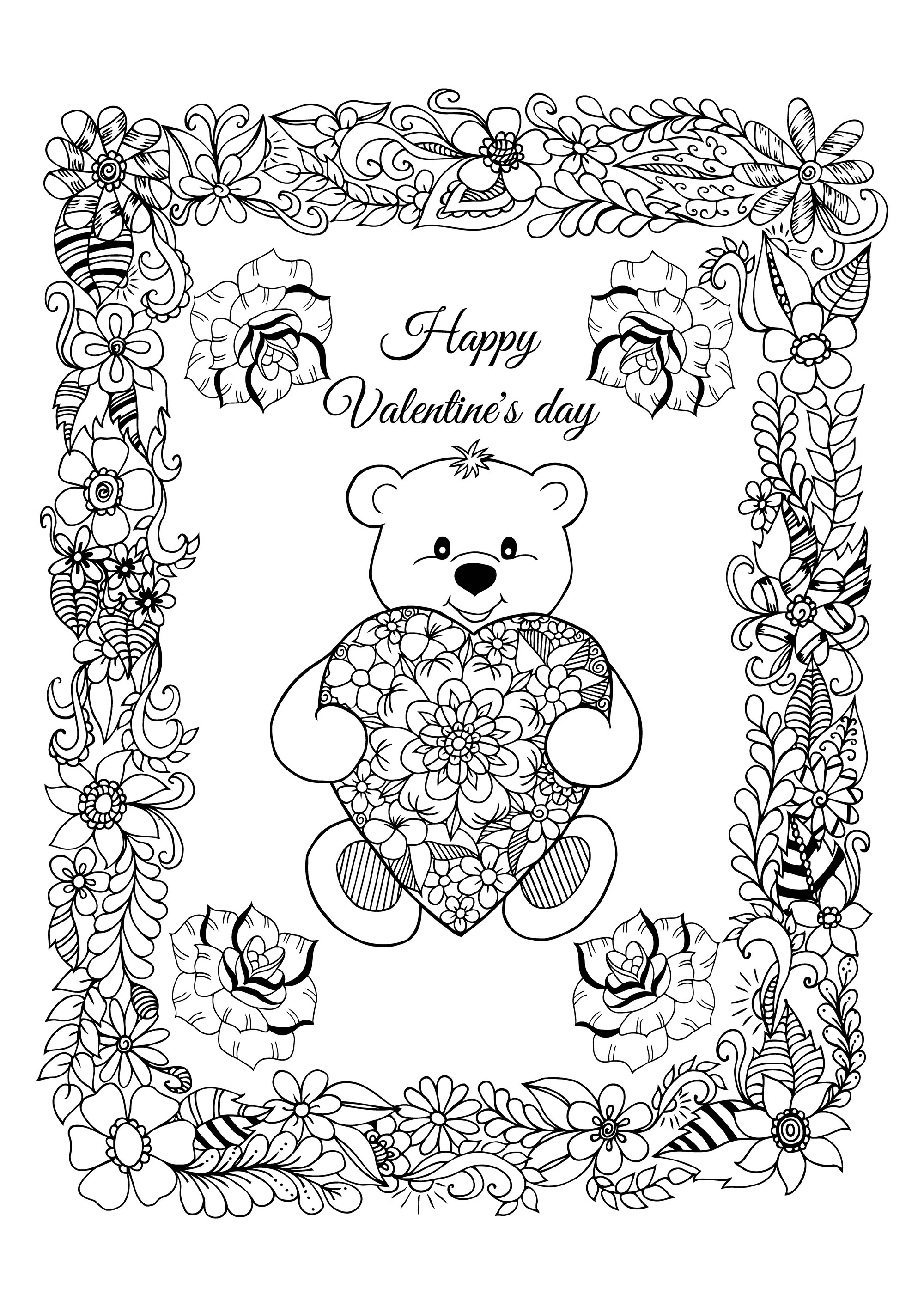 Hübsche Valentinstagskarte zum Ausmalen, mit einem süßen Bären, der ein Herz mit hübschen Mustern trägt, und einem hübschen Rahmen voller Blumen, Künstler : Maritel67   Quelle : 123rf