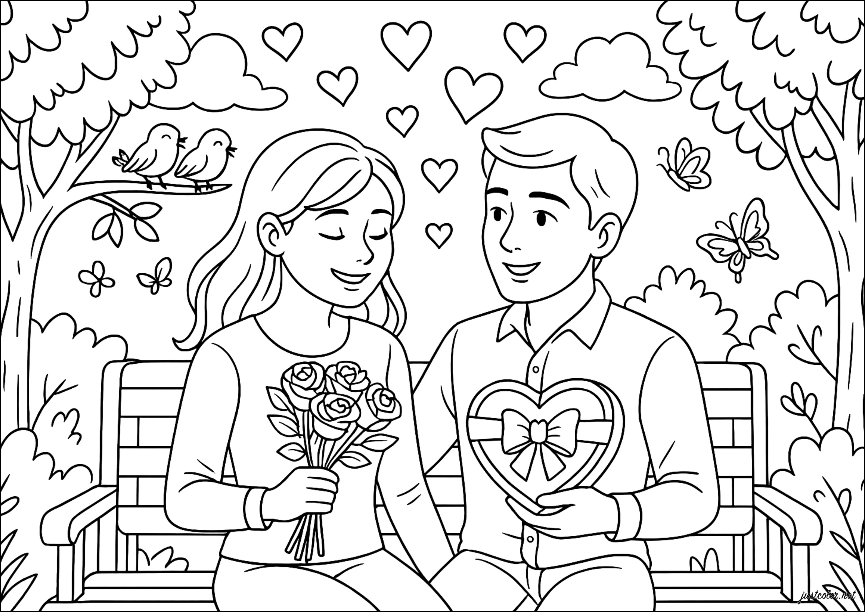 Zwei Liebende sitzen auf einer Bank in einem wunderschönen Garten (Ausmalbild von Valentinstag zum Ausdrucken und Ausmalen für Erwachsene)