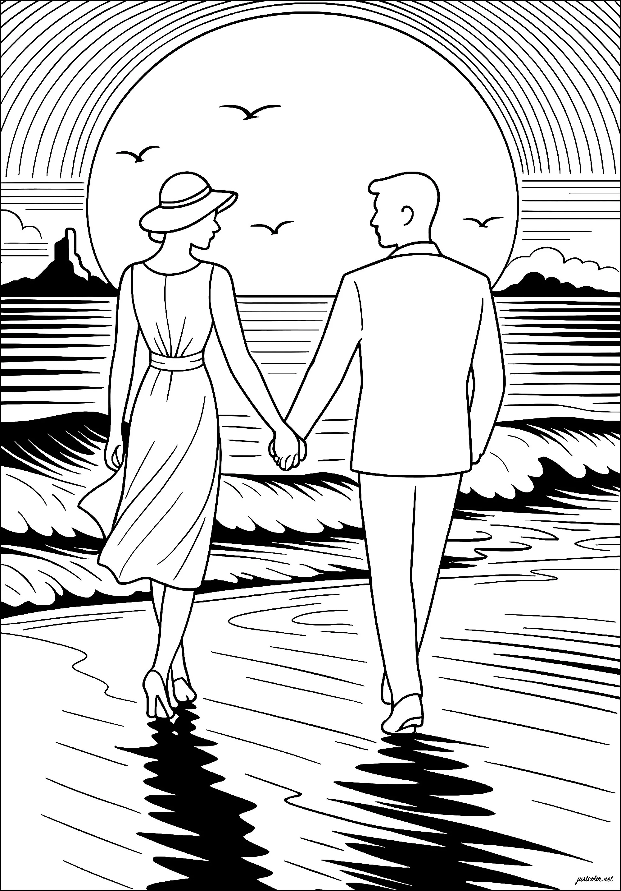 Paar am Strand, während eines Sonnenuntergangs (Ausmalbild von Valentinstag zum Ausdrucken und Ausmalen für Erwachsene)