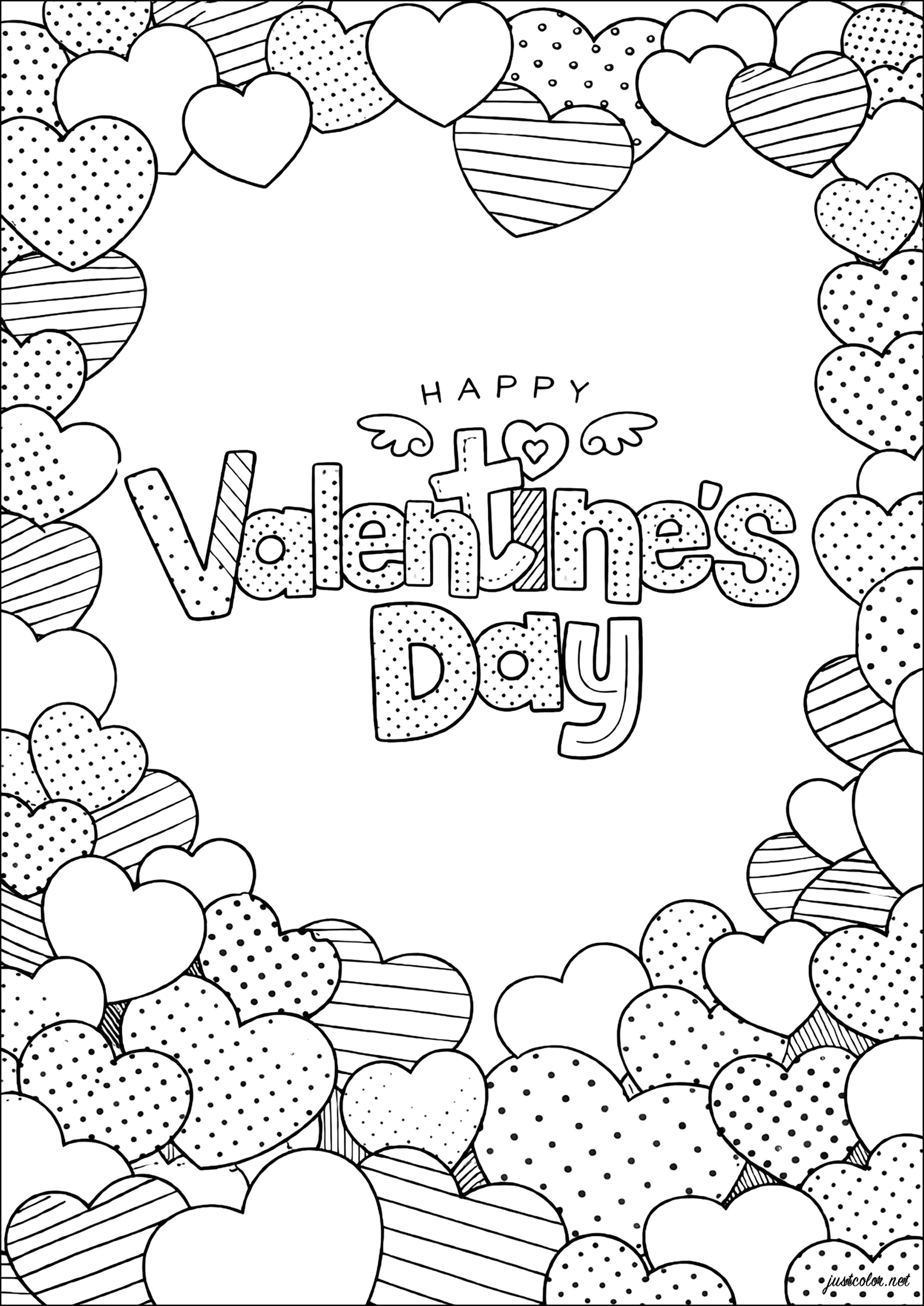 Romantische Herzen zum Valentinstag (Ausmalbild zum Ausdrucken und Ausmalen für Erwachsene)