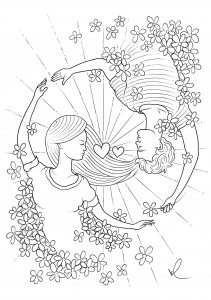 Valentinstag: Liebende im Himmel mit Blumen um sie herum (Ausmalbild von Konstantinos Liaramantzas)