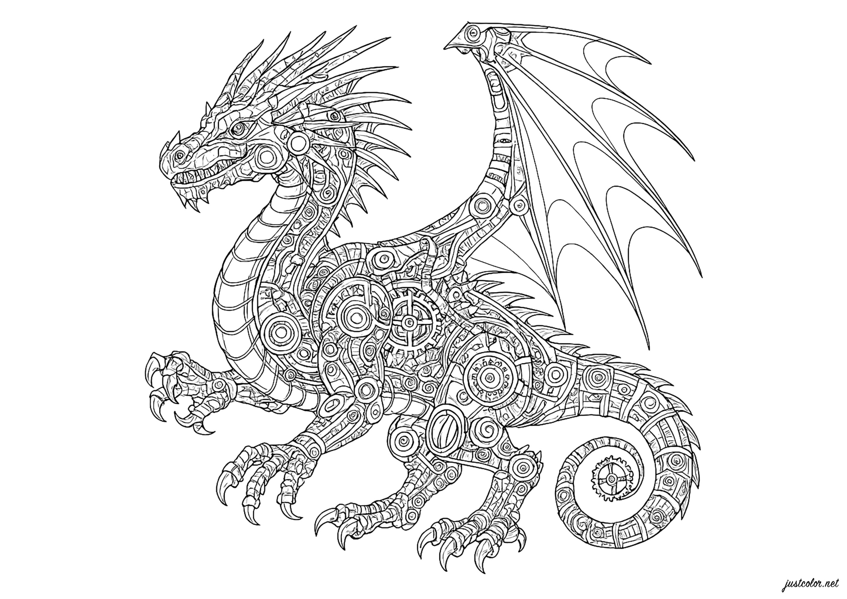 Mechanischer Drache mit aufwendigen Mustern - Ausmalbilder von Steampunk  zum Ausmalen, image size:2828x2000