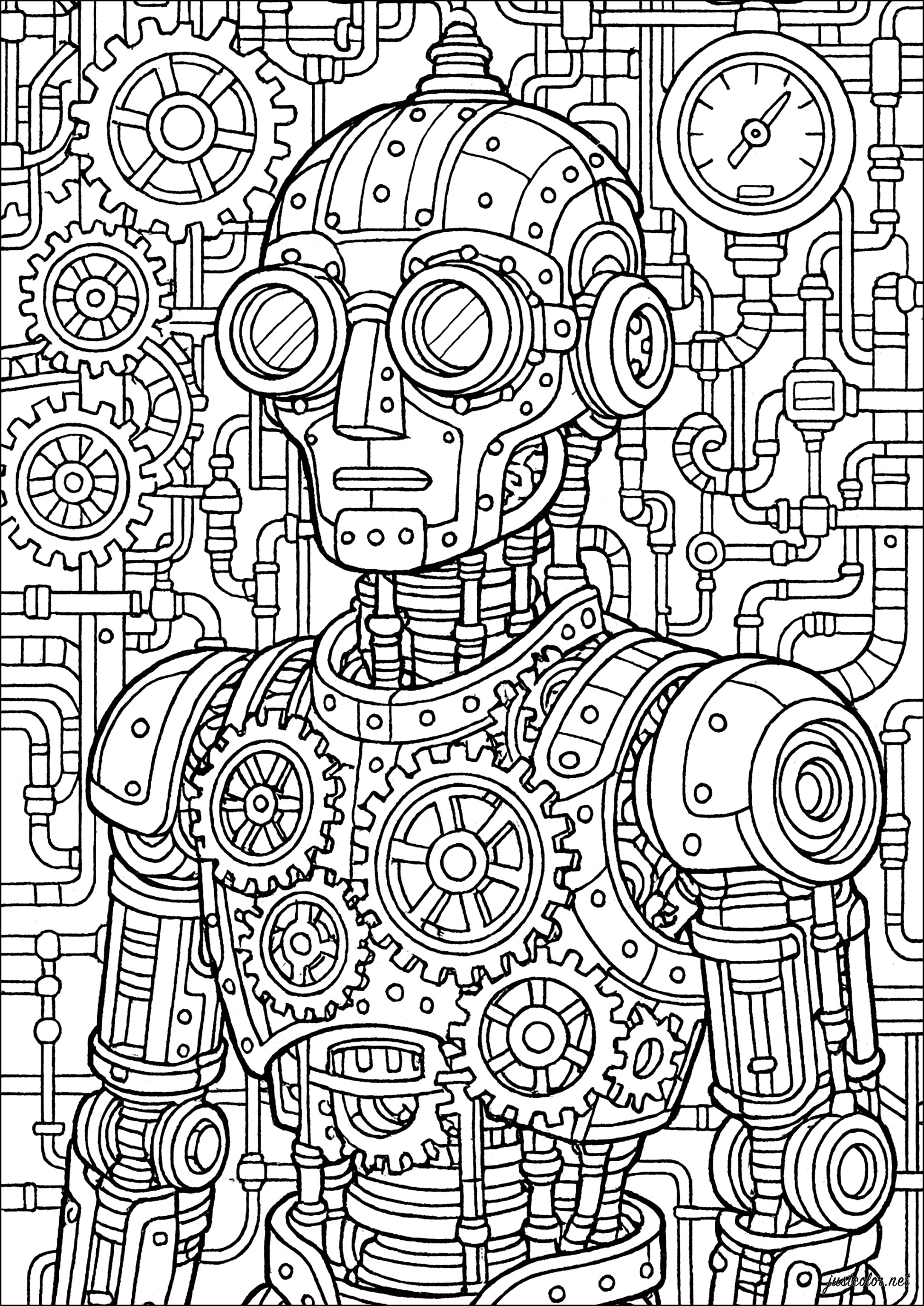 Rätselhafter Humanoider mit einem mechanischen Herzen (Ausmalbild von Steampunk zum Ausdrucken und Ausmalen für Erwachsene)