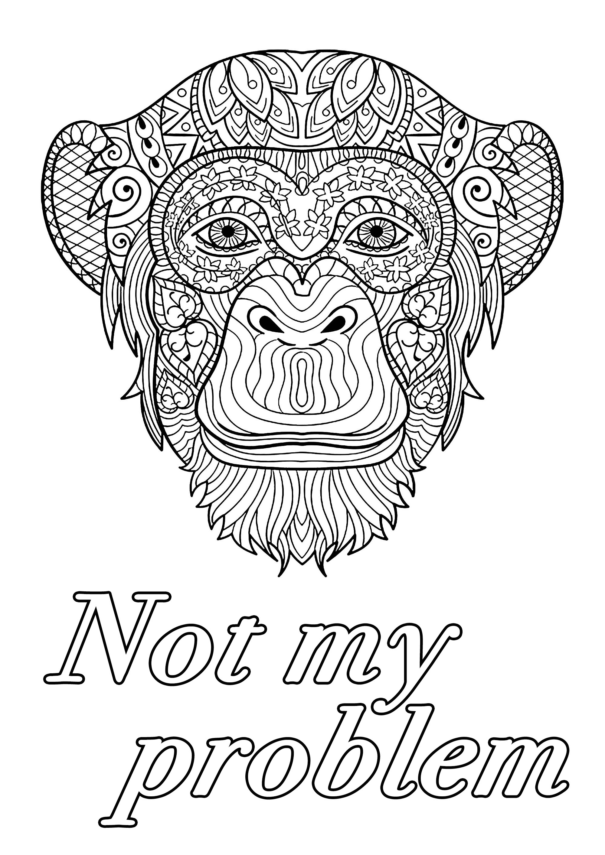 Nicht mein Problem: Schimpfwort-Malvorlage mit großem Affenkopf