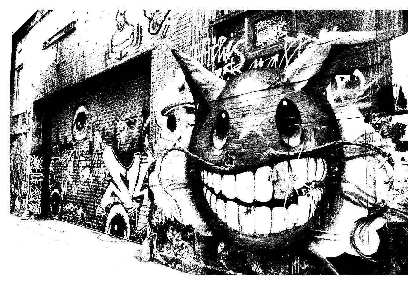 Graffiti-Gasse (Ausmalbild von Graffiti / Straßenkunst zum Ausdrucken und Ausmalen für Erwachsene)