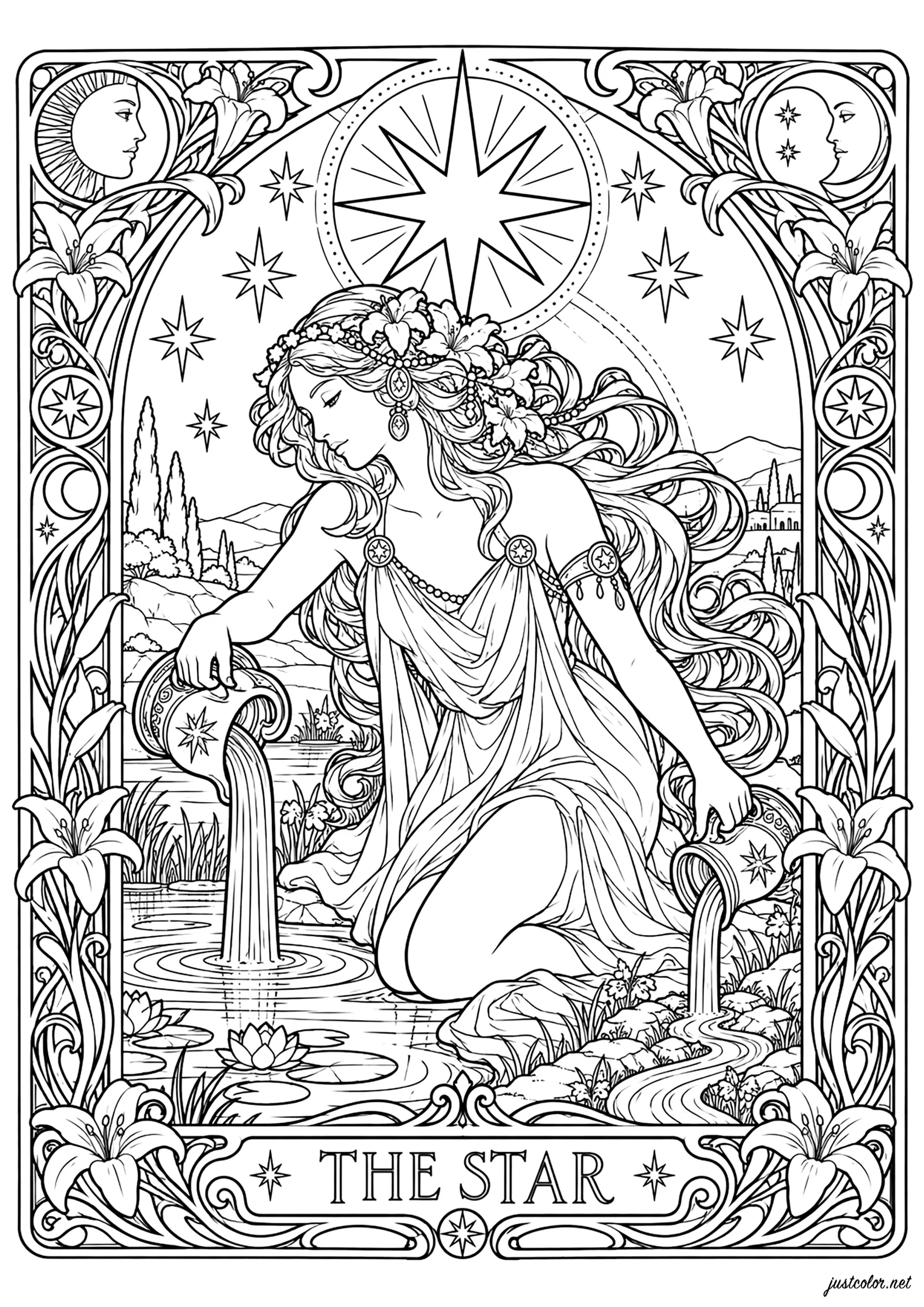 Der Stern (Ausmalbild von Tarot cards zum Ausdrucken und Ausmalen für Erwachsene)