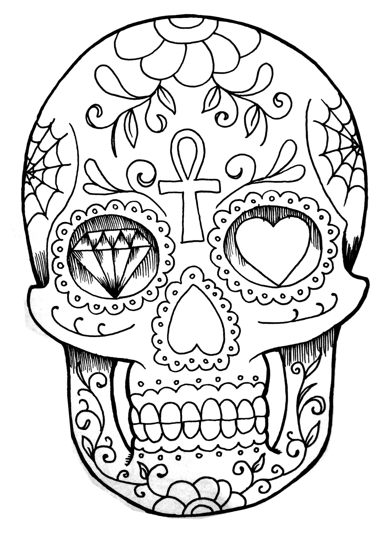 Zeichnung eines menschlichen Schädels, mit verschiedenen Mustern, wie in den Augenhöhlen ein Herz und ein Diamant