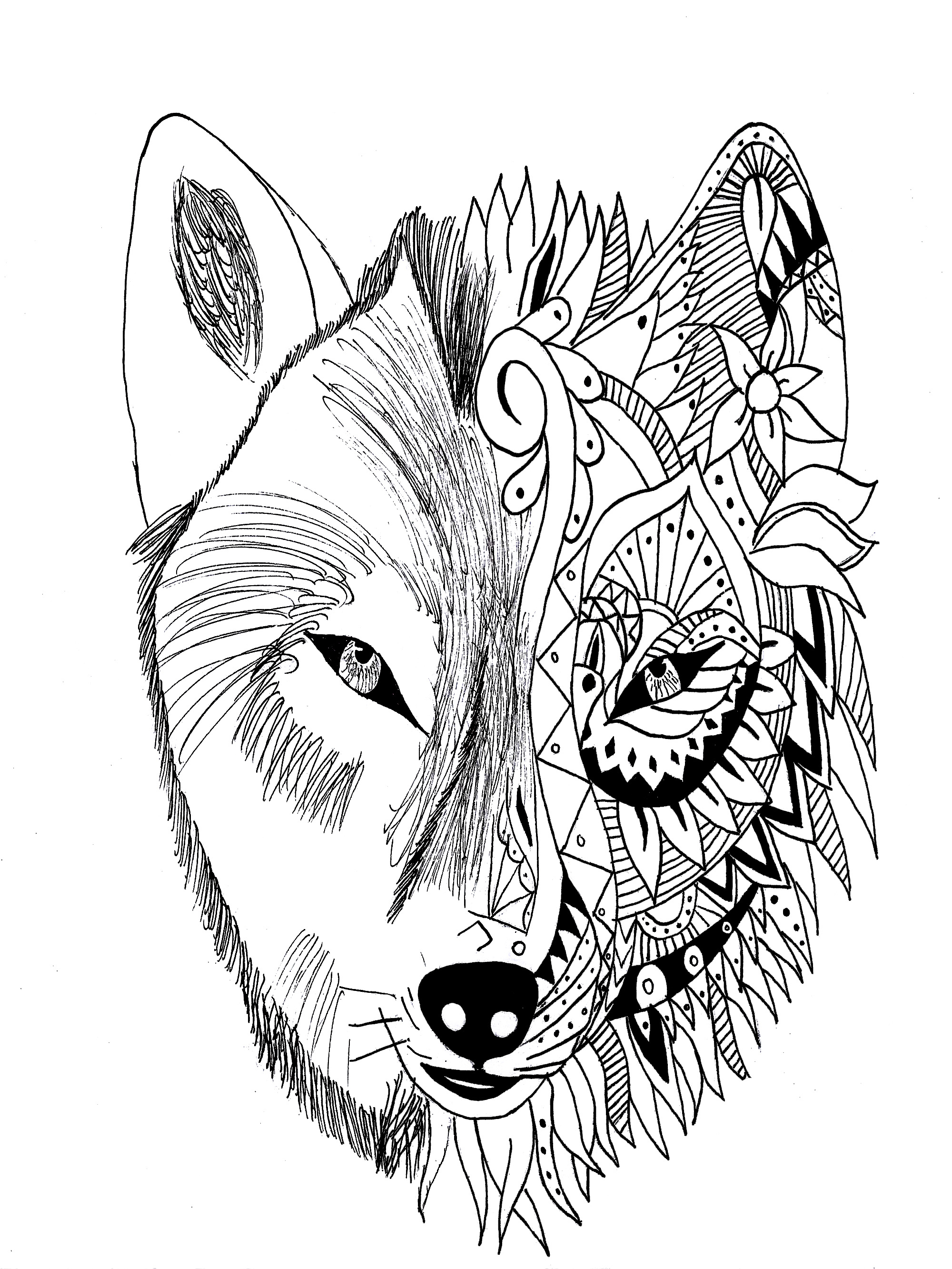 Wolf-Tattoo in zwei Teilen, realistischer und Zentangle-Stil (Ausmalbild von Tatoos zum Ausdrucken und Ausmalen für Erwachsene)