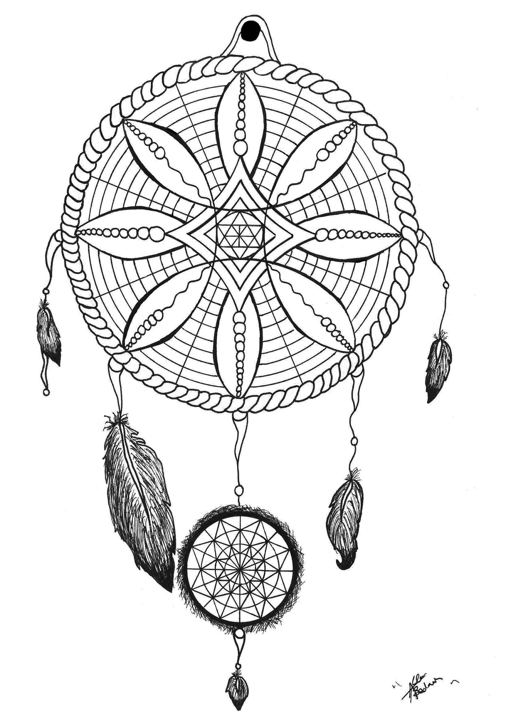 Traditionelle Traumfänger-Tätowierung (Ausmalbild von Tatoos zum Ausdrucken und Ausmalen für Erwachsene)