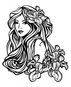 Frau mit langen Haaren zwischen Blumen