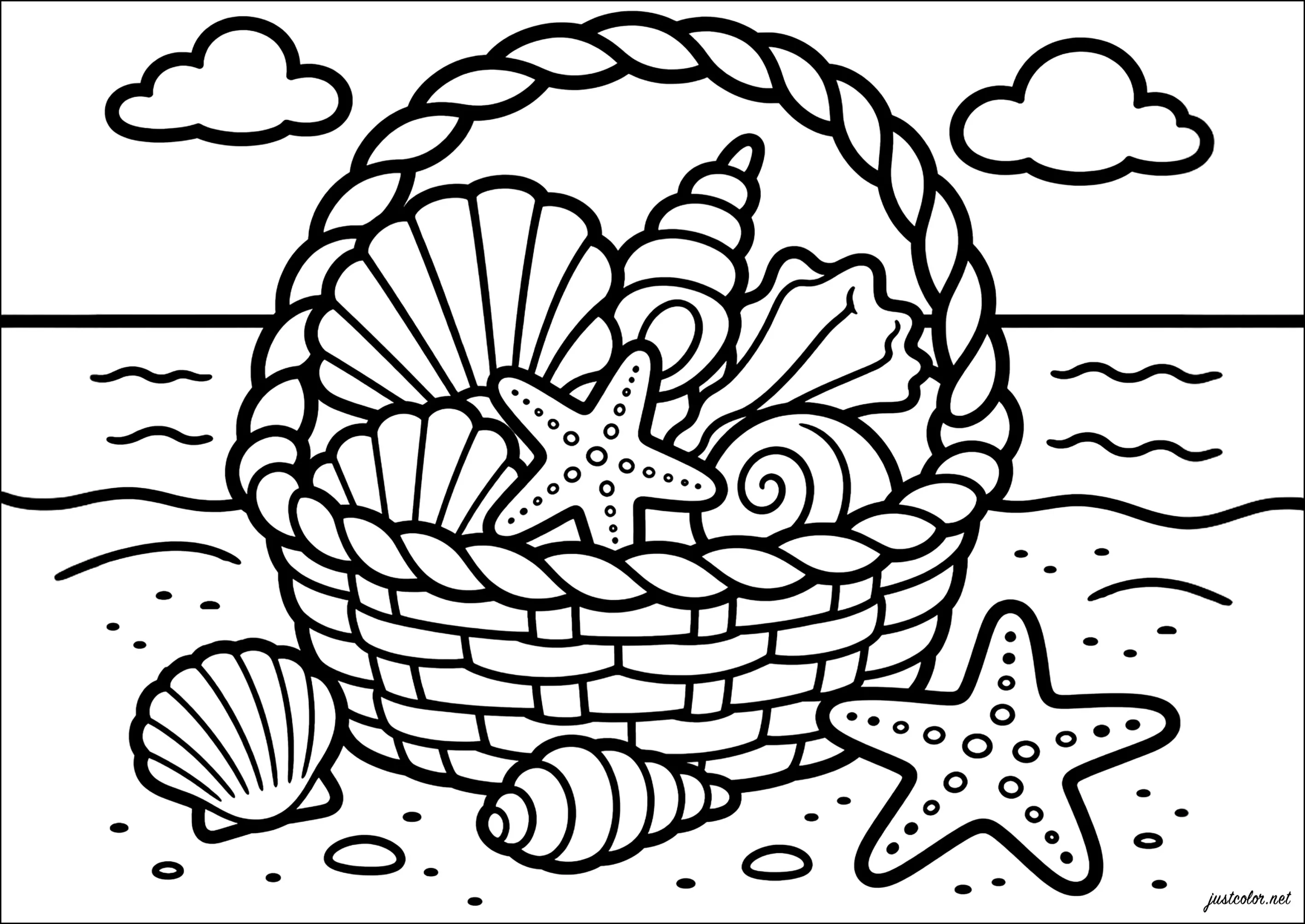 Korb mit Muscheln am Strand (Ausmalbild von Thick outlines zum Ausdrucken und Ausmalen für Erwachsene)