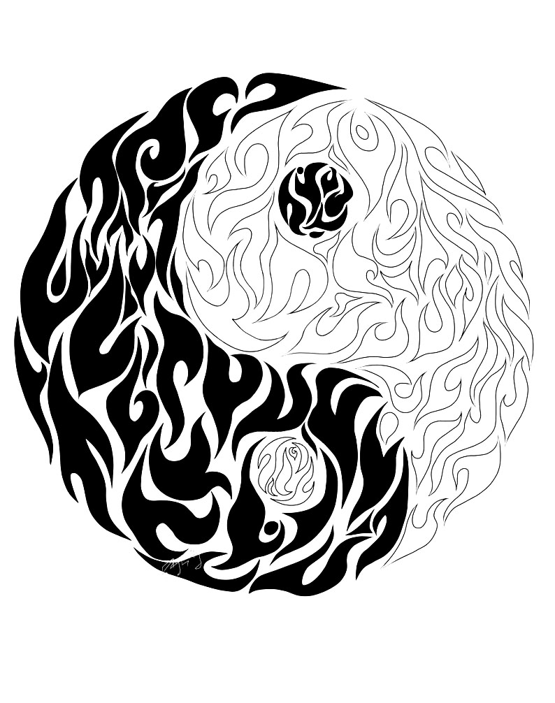 Ein Yin-Yang-Malblatt gezeichnet, wie es in Flammen steht