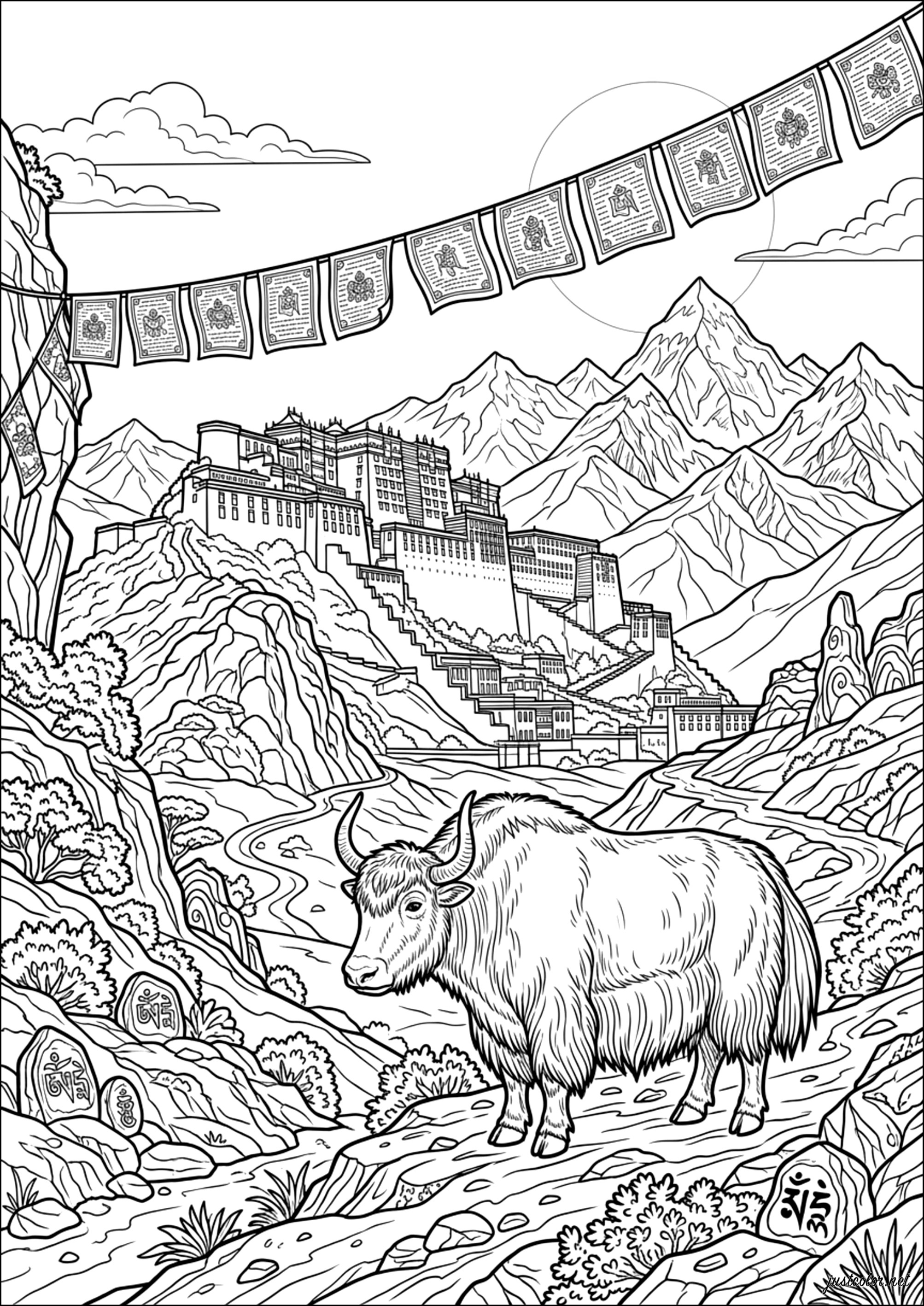 Himalaya-Palast und Gebetsfahnen (Ausmalbild von Tibet zum Ausdrucken und Ausmalen für Erwachsene)