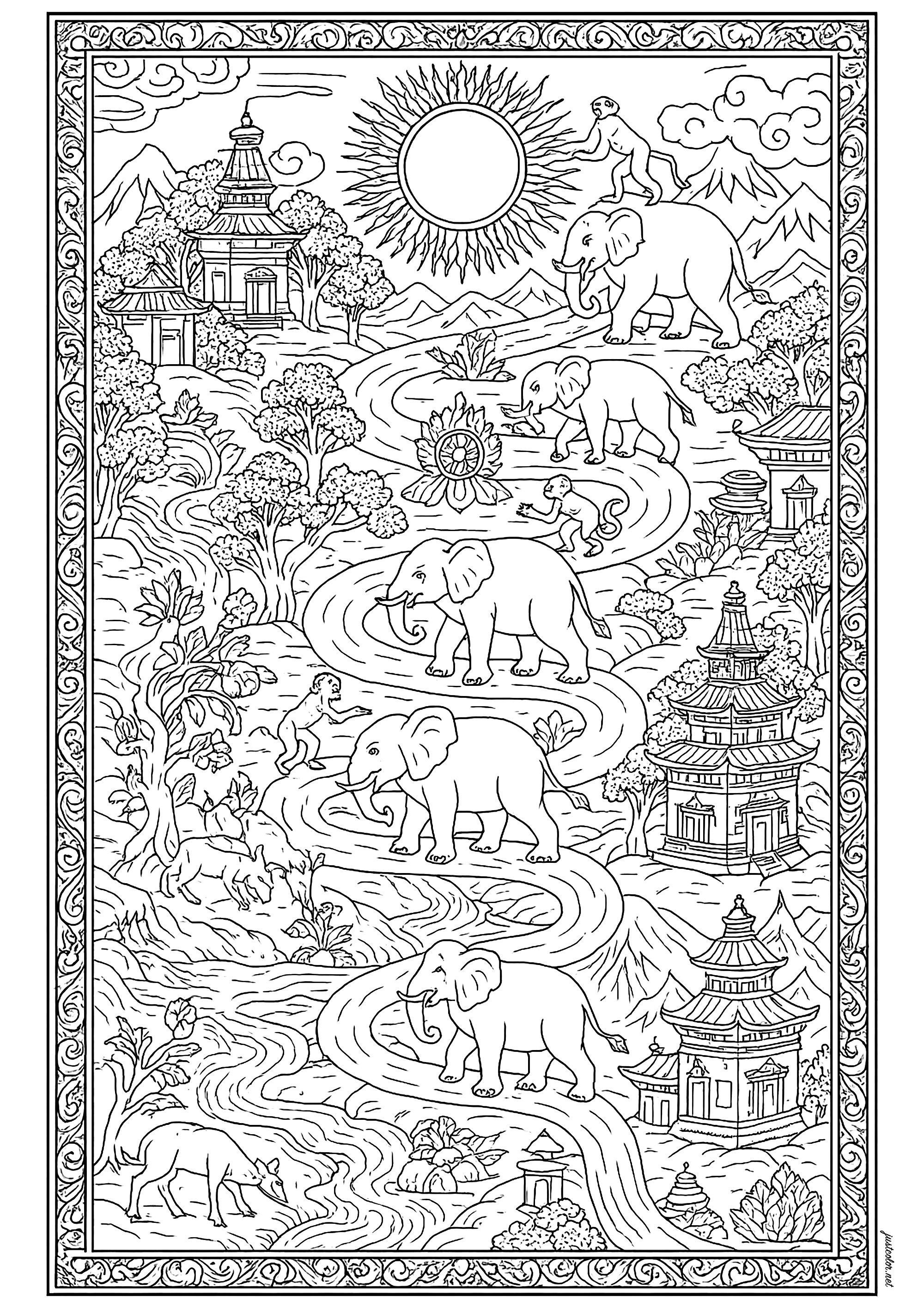 Der Pfad zur Weisheit (Ausmalbild von Tibet zum Ausdrucken und Ausmalen für Erwachsene)
