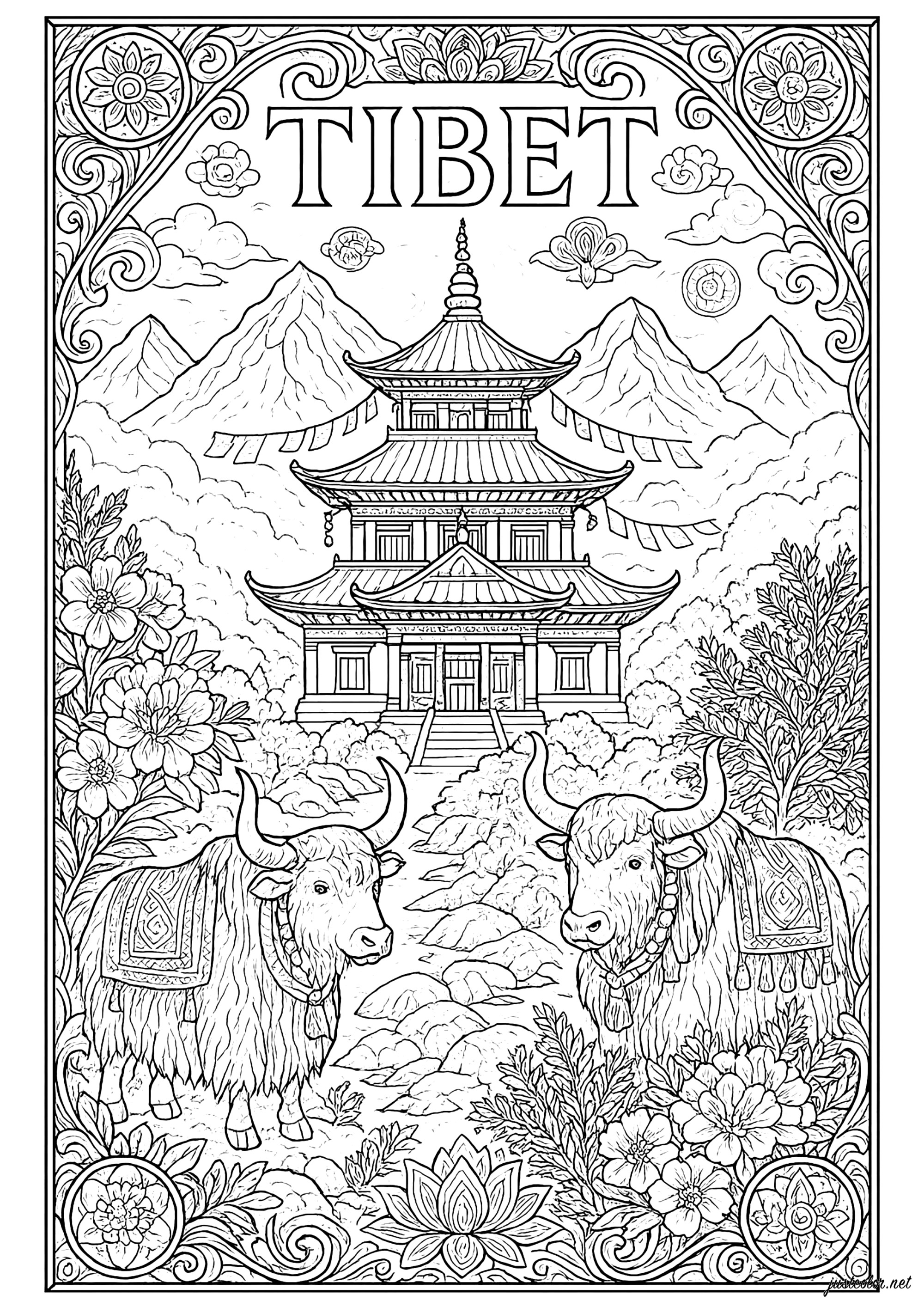 Pracht der tibetischen Berge (Ausmalbild von Tibet zum Ausdrucken und Ausmalen für Erwachsene)