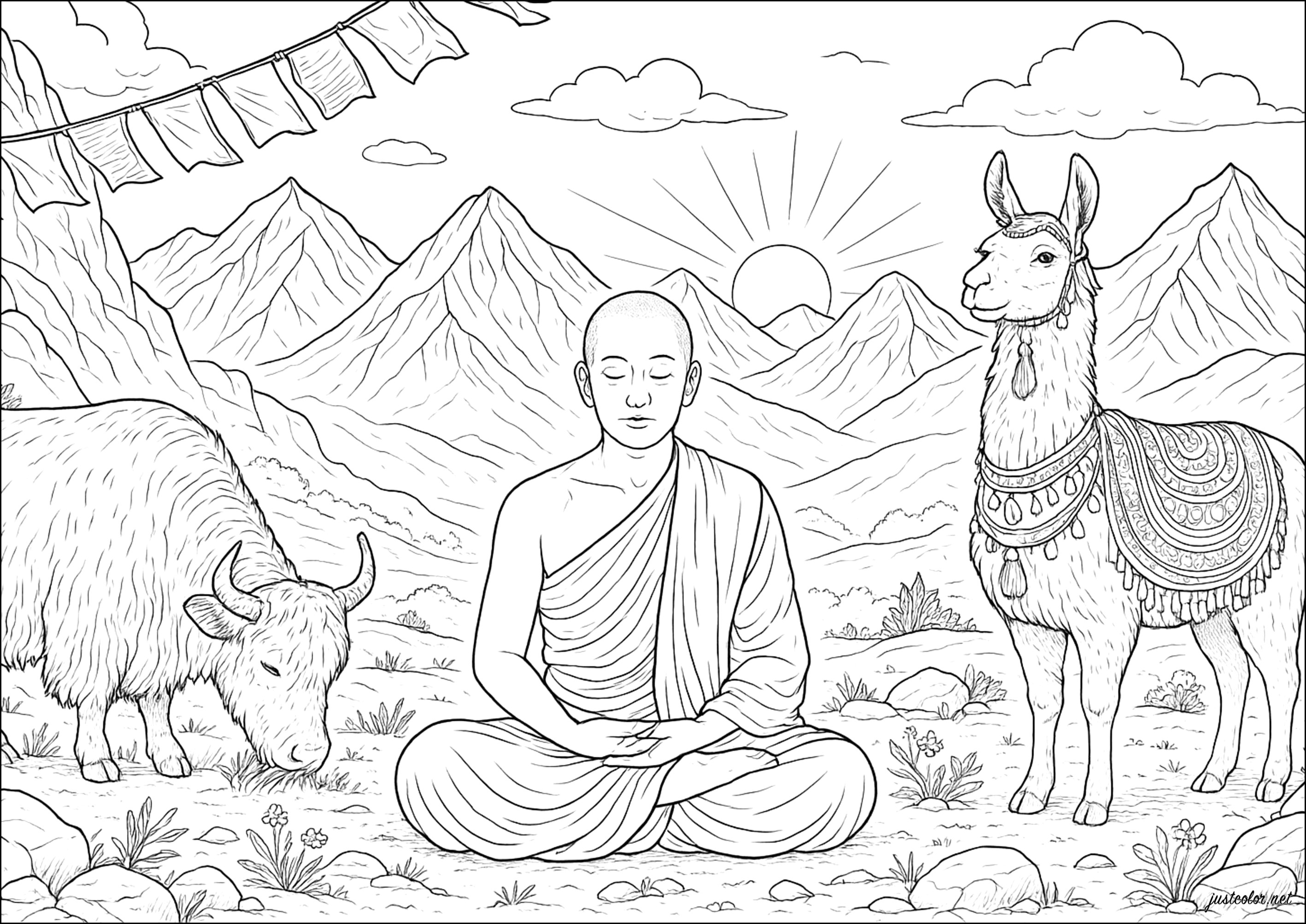 Ruhe im Herzen der Berge (Ausmalbild von Tibet zum Ausdrucken und Ausmalen für Erwachsene)