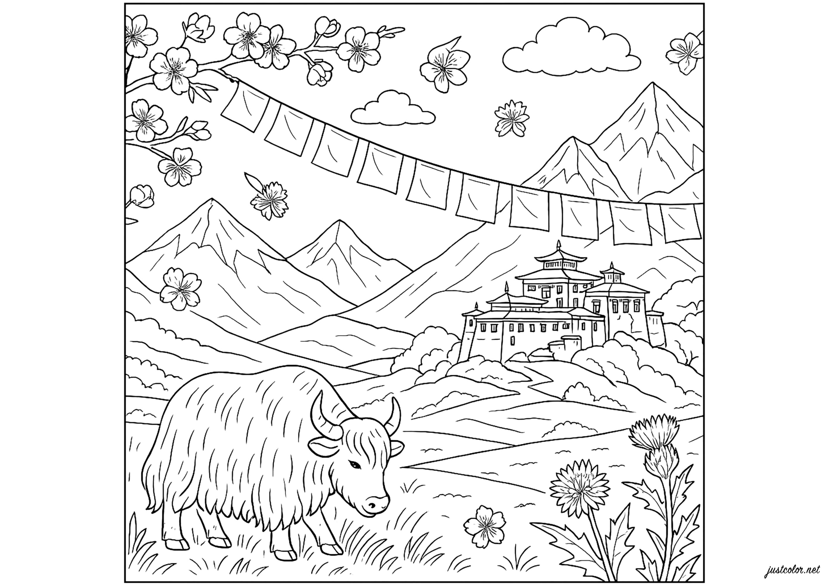 Thronendes tibetisches Kloster (Ausmalbild von Tibet zum Ausdrucken und Ausmalen für Erwachsene)