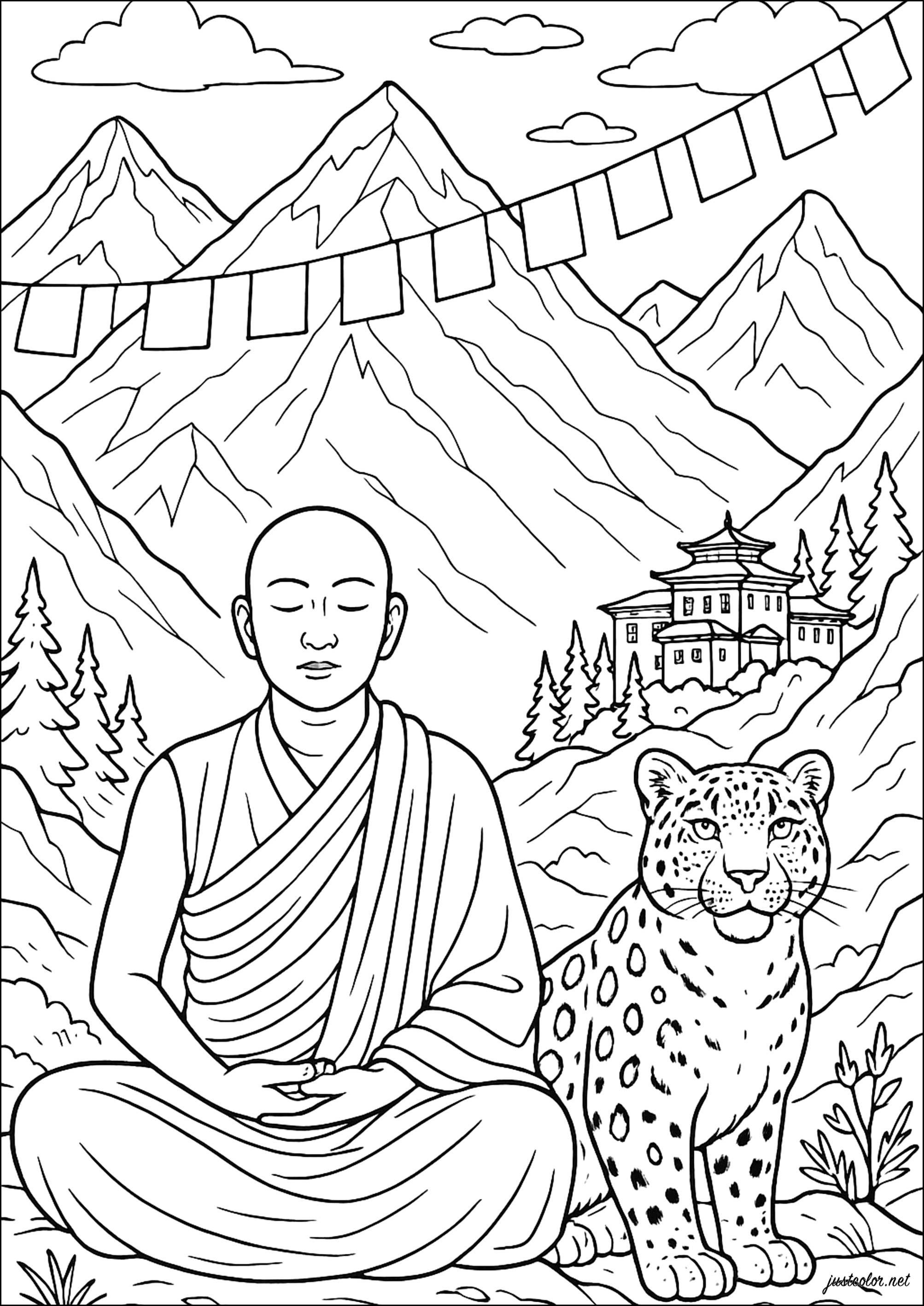 Himalaya-Meditation (Ausmalbild von Tibet zum Ausdrucken und Ausmalen für Erwachsene)