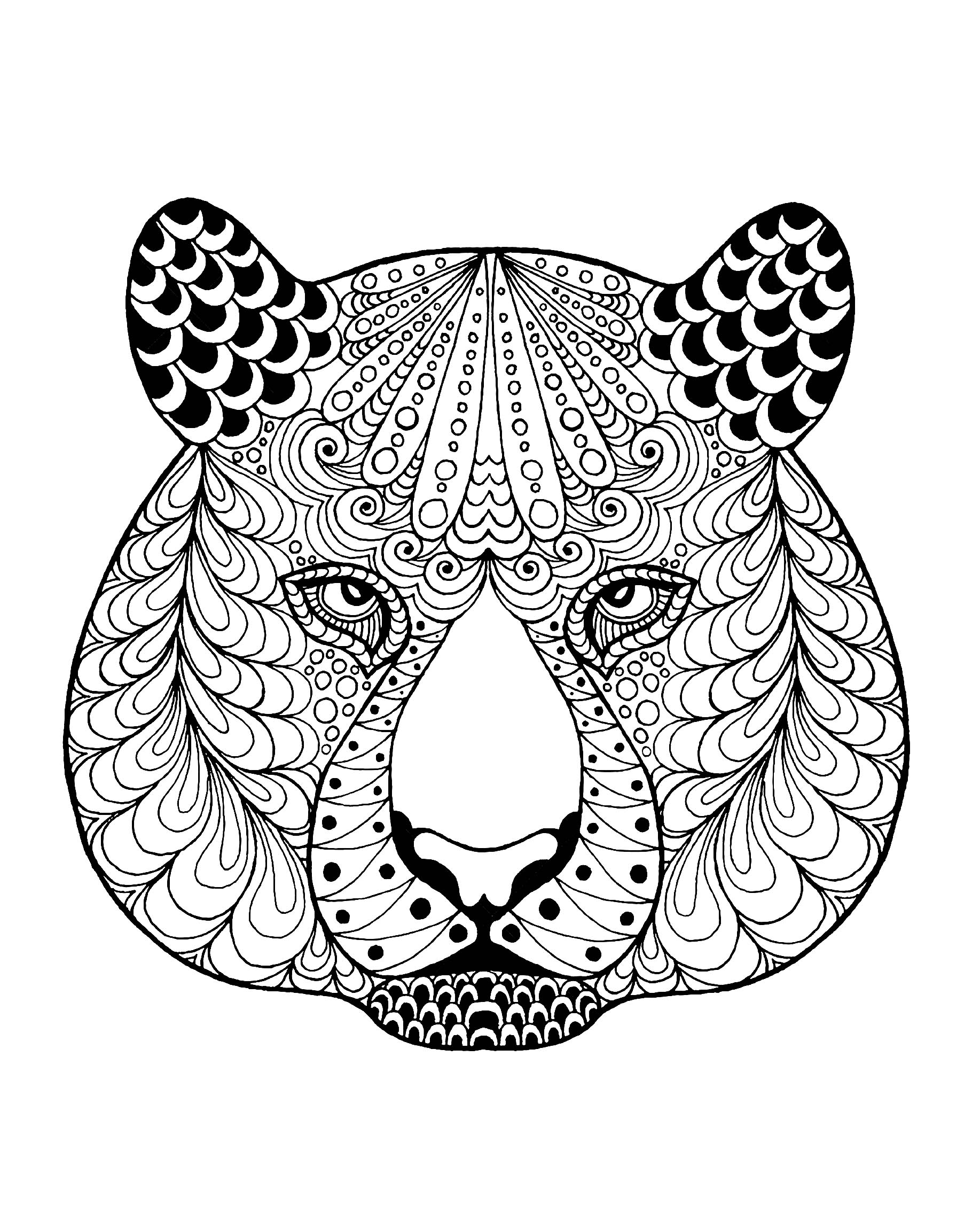 Dekorativer Tigerkopf (Ausmalbild von Tigers zum Ausdrucken und Ausmalen für Erwachsene)