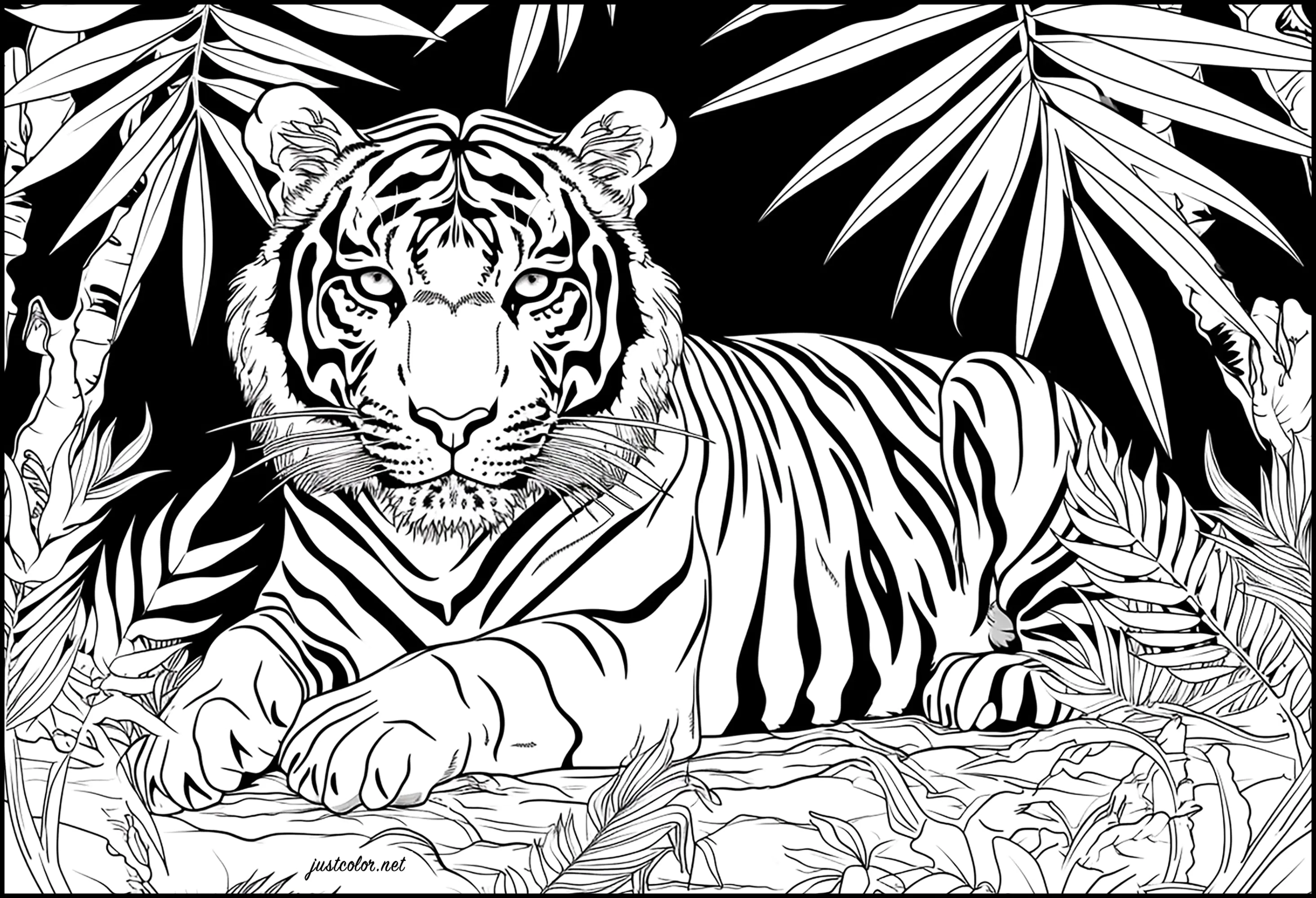 Majestätischer Tiger auf schwarzem Hintergrund (Ausmalbild zum Ausdrucken und Ausmalen für Erwachsene)