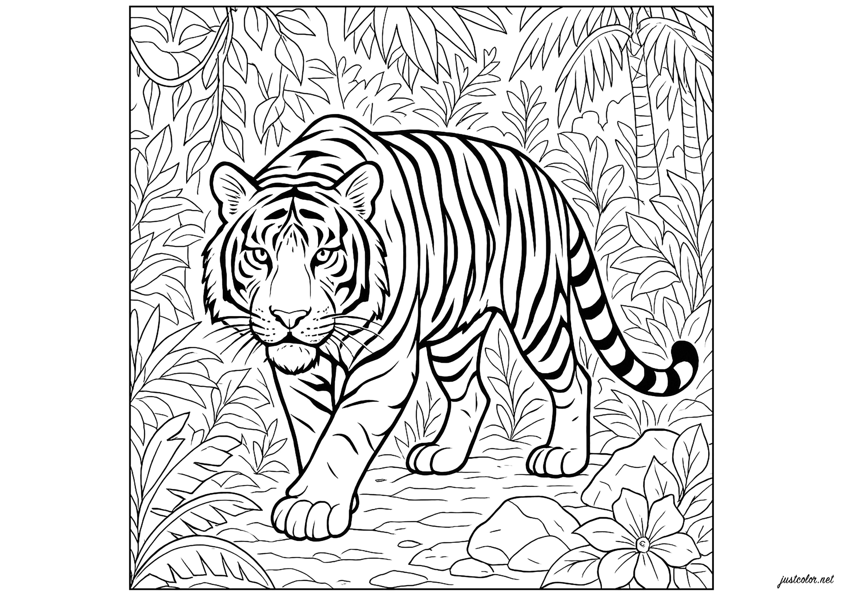 Majestätischer Tiger im Dschungel (Ausmalbild zum Ausdrucken und Ausmalen für Erwachsene)