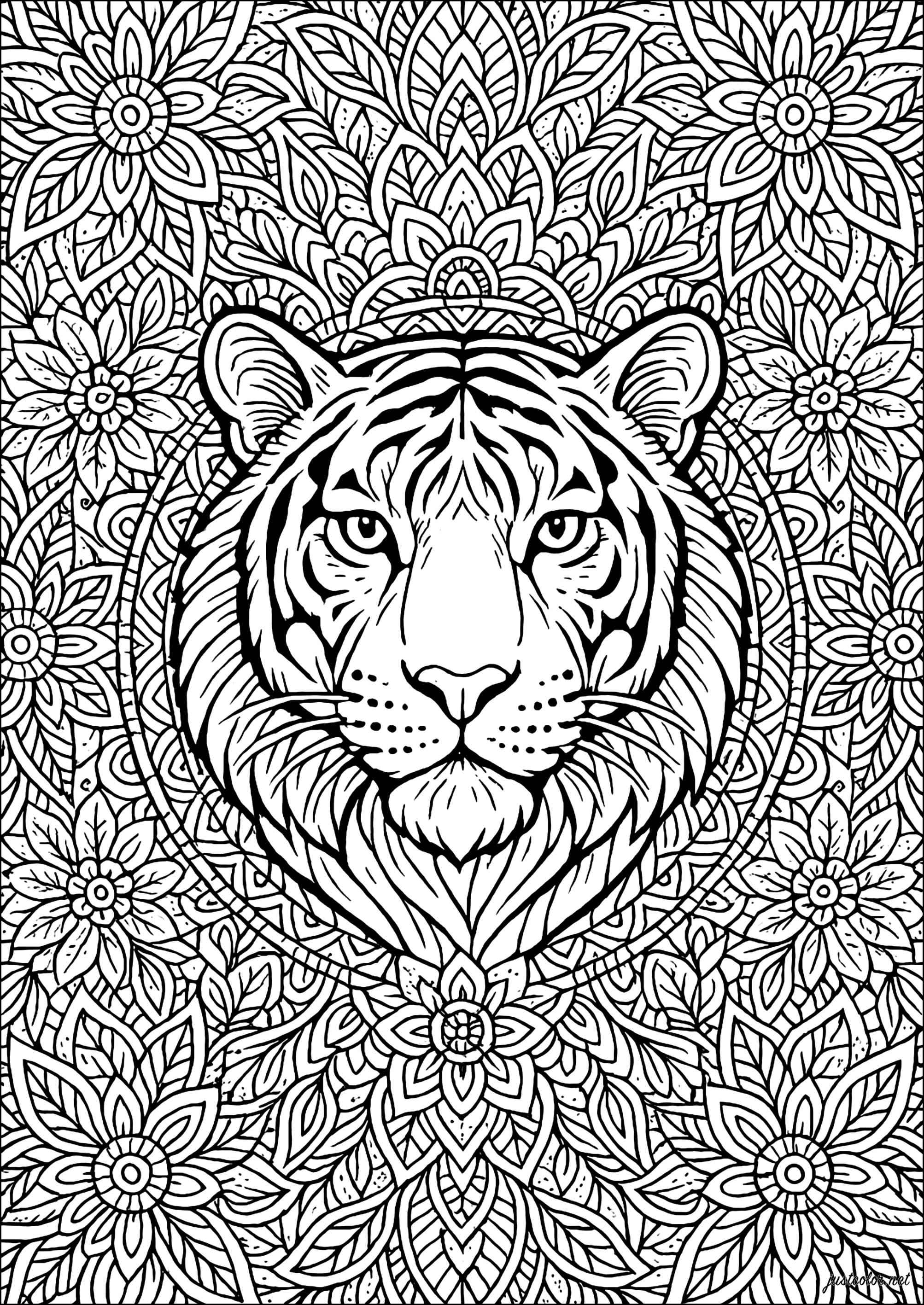 Meditativer Tiger im Herzen einer Blütenansammlung (Ausmalbild zum Ausdrucken und Ausmalen für Erwachsene)