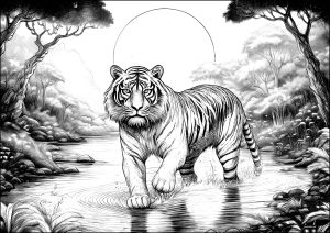 Tiger bei Sonnenuntergang (Ausmalbild)