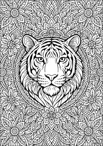 Meditativer Tiger im Herzen einer Blütenrispe (Ausmalbild)