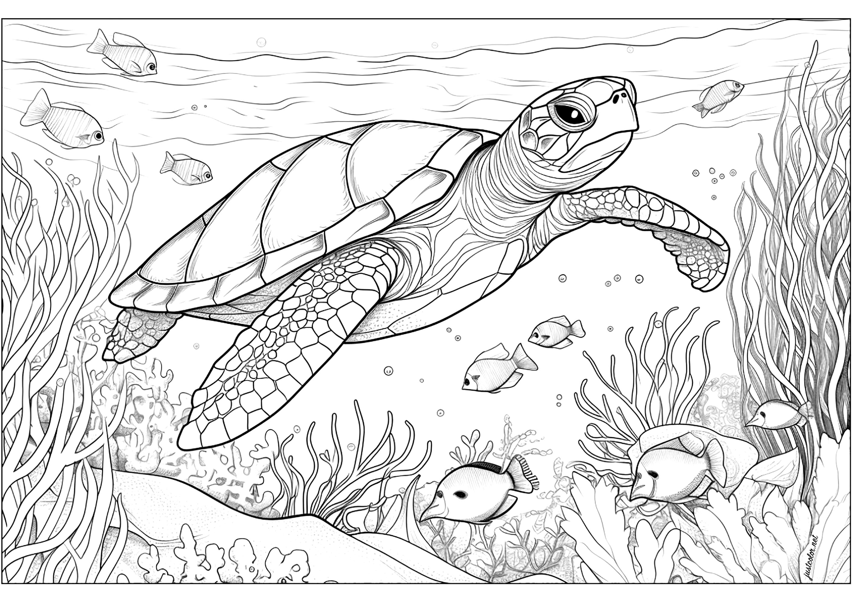 Meeresschildkröte mit Seetang und Fisch. Um die Schildkröte herum ist Seegras verstreut, das sich langsam bewegt, während Fische fröhlich um sie herumschwimmen.