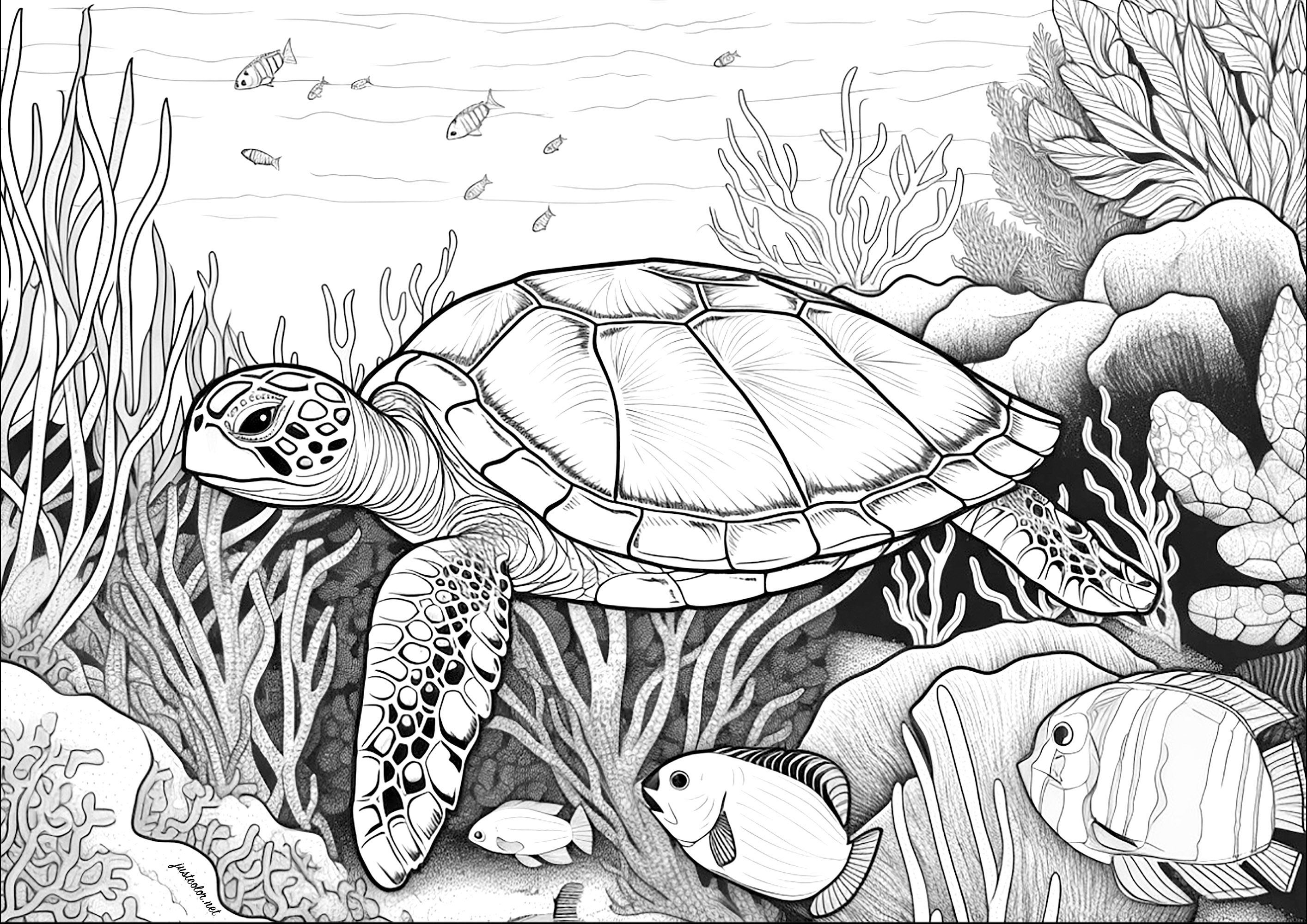 Große Schildkröte schwimmt auf dem Meeresgrund. Färben Sie auch die hübschen Fische, Korallen und Algen ein