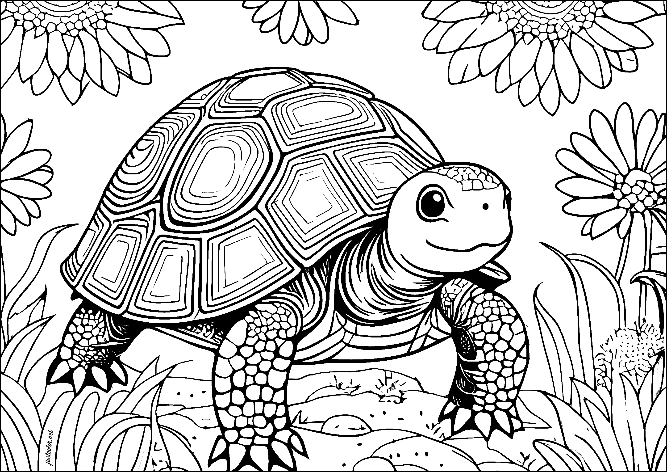 Große, hübsche Schildkröte mit blumigem Hintergrund (Ausmalbild von Schildkröten zum Ausdrucken und Ausmalen für Erwachsene)