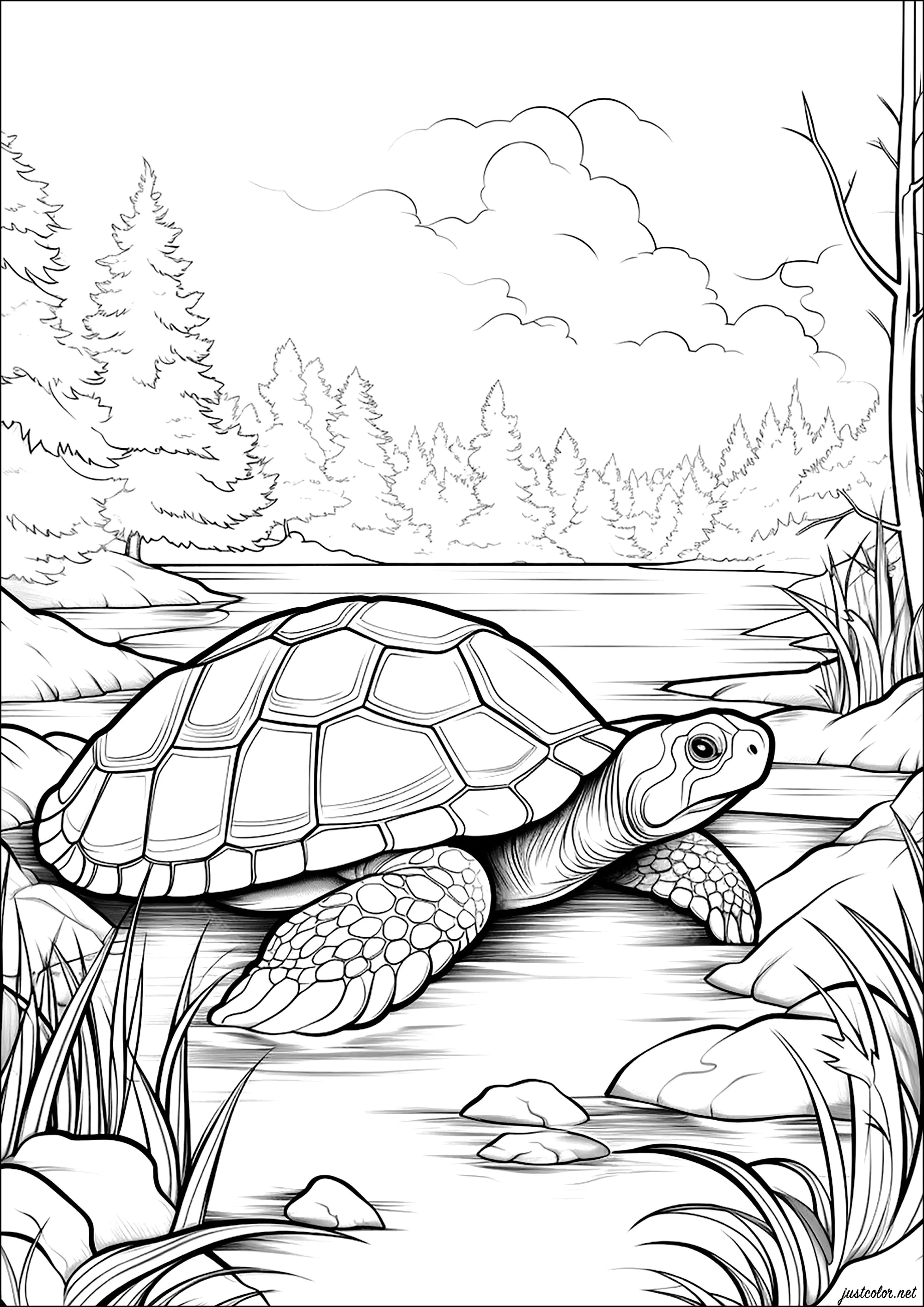 Schildkröte auf einem Spaziergang (Ausmalbild von Schildkröten zum Ausdrucken und Ausmalen für Erwachsene)