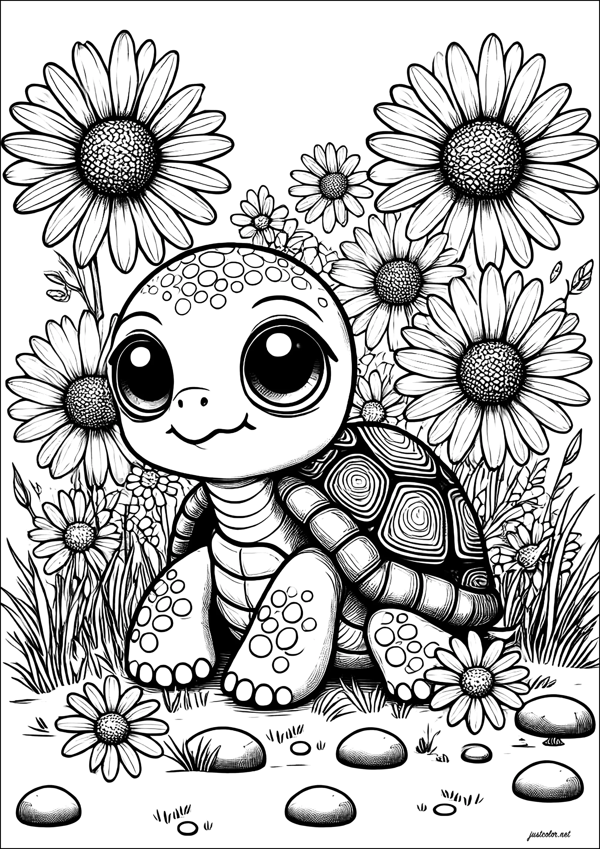Niedliche Schildkröte mit großen Augen, umgeben von hübschen Blumen (Ausmalbild von Schildkröten zum Ausdrucken und Ausmalen für Erwachsene)