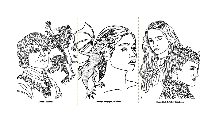 Tyrion Lannister, Daenerys Targaryen, Sansa Stark und Joffrey Baratheon (Ausmalbild von Fernsehserie zum Ausdrucken und Ausmalen für Erwachsene)