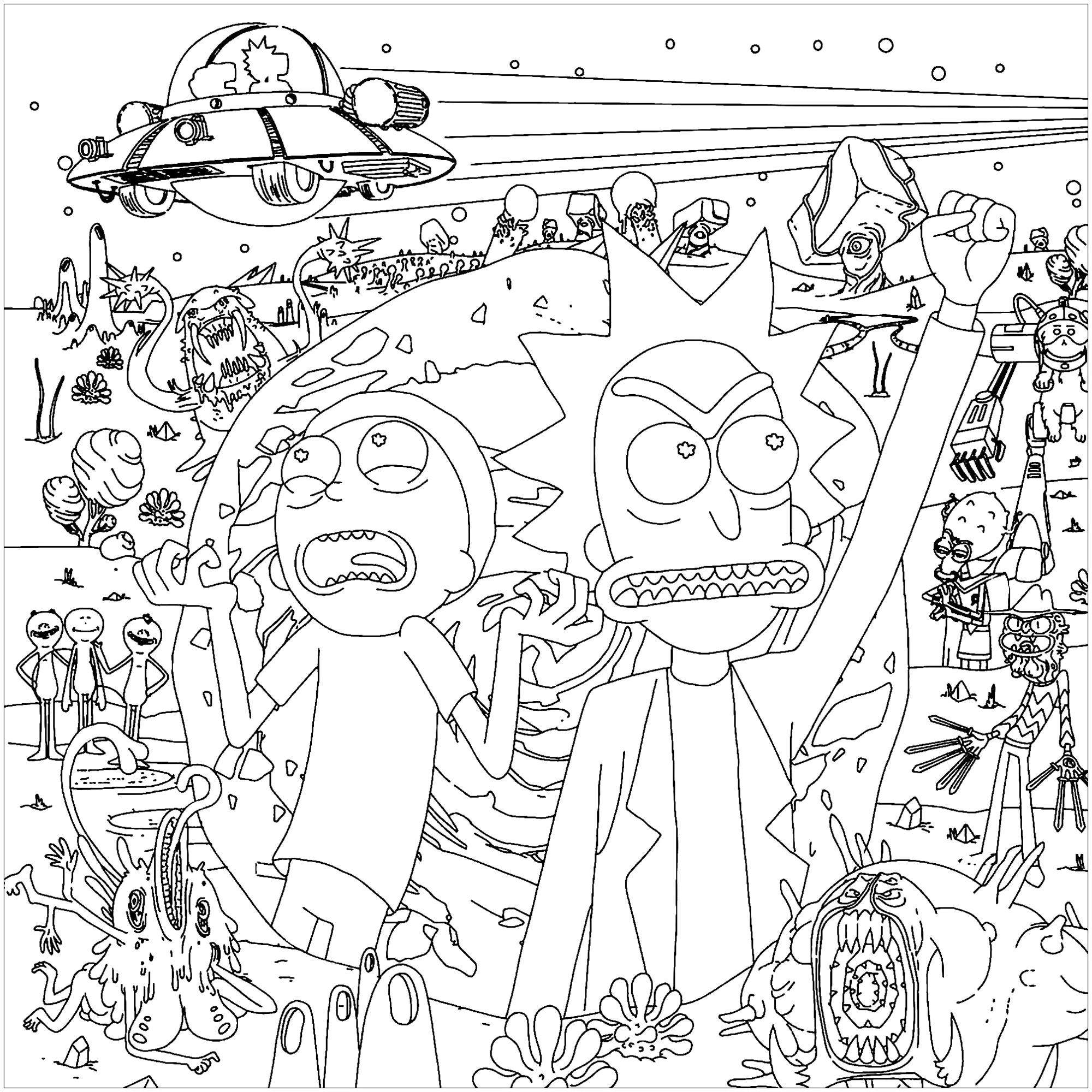 Rick und Morty: Verloren im Weltraum (Ausmalbild von Fernsehserie zum Ausdrucken und Ausmalen für Erwachsene)
