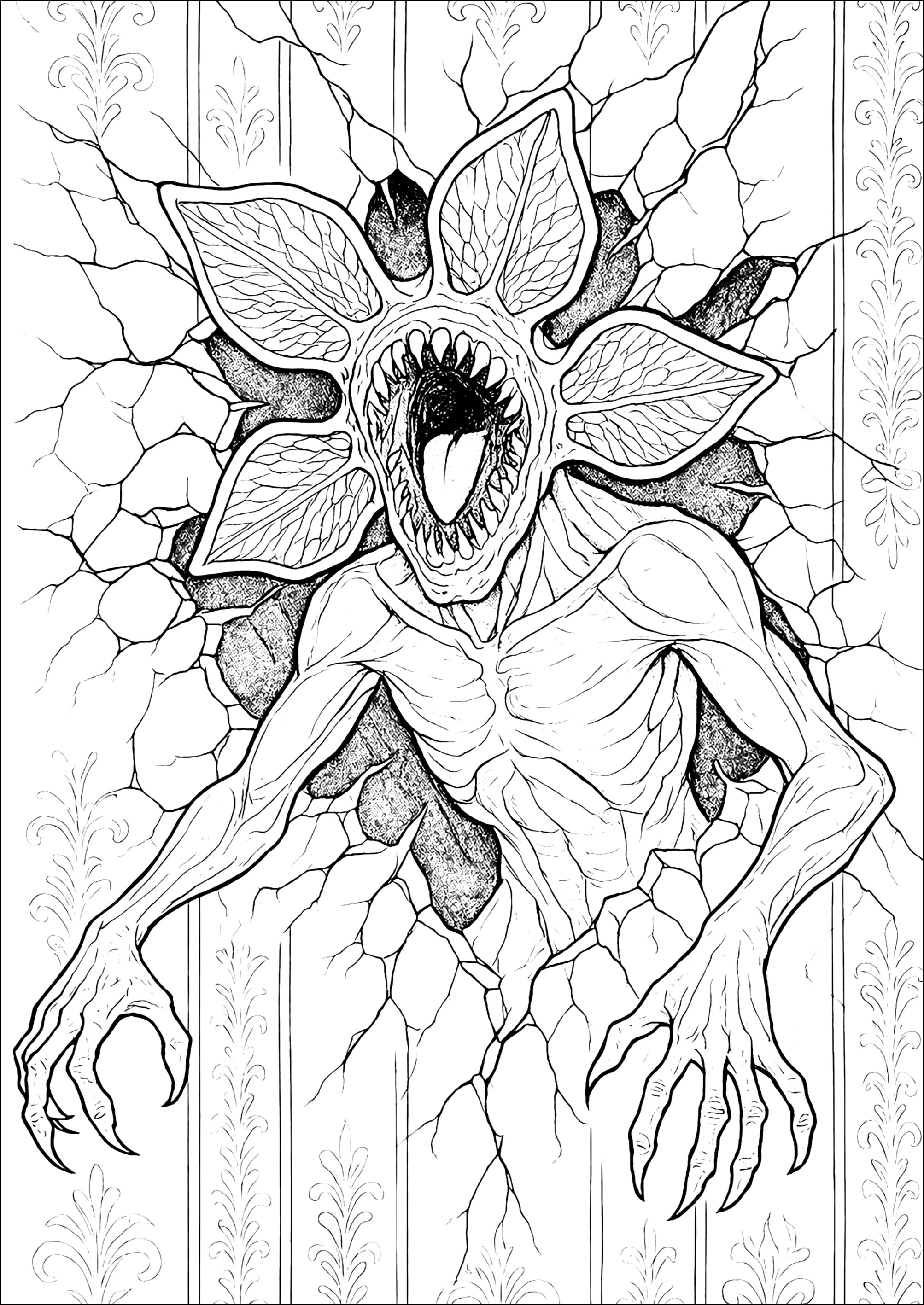 Demogorgon, der aus einer Wand auftaucht (Stranger Things) (Ausmalbild von Fernsehserie zum Ausdrucken und Ausmalen für Erwachsene)